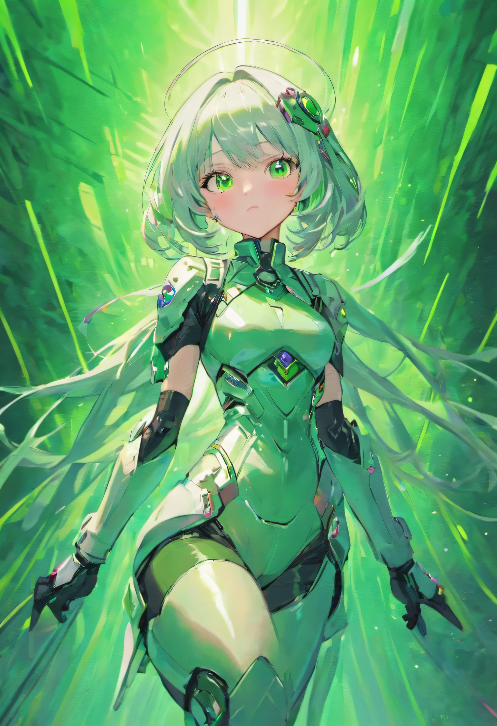 Silver-haired woman in modern fashionable spacesuit based on green and white、Hair is one-point color and lilac、Wearing a futuristic belt around his waist、Purple dark blue eyes、Background is forest and waterside、Only one person、