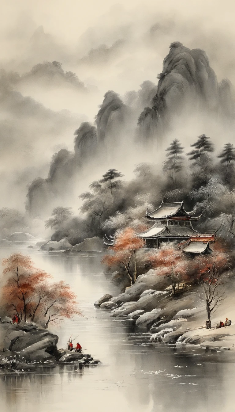 Chinese landscape painting，ink and watercolor painting，water ink，ink，Smudge，Faraway view，Ultra-wide viewing angle，Meticulous，Fishing boat vistas，Meticulous，Smudge，low-saturation，Low contrast, naked people bathing in the river，Fishing alone in the cold river snow，snow landscape，Beautifully depicted，A detailed，acurate，Works of masters，tmasterpiece