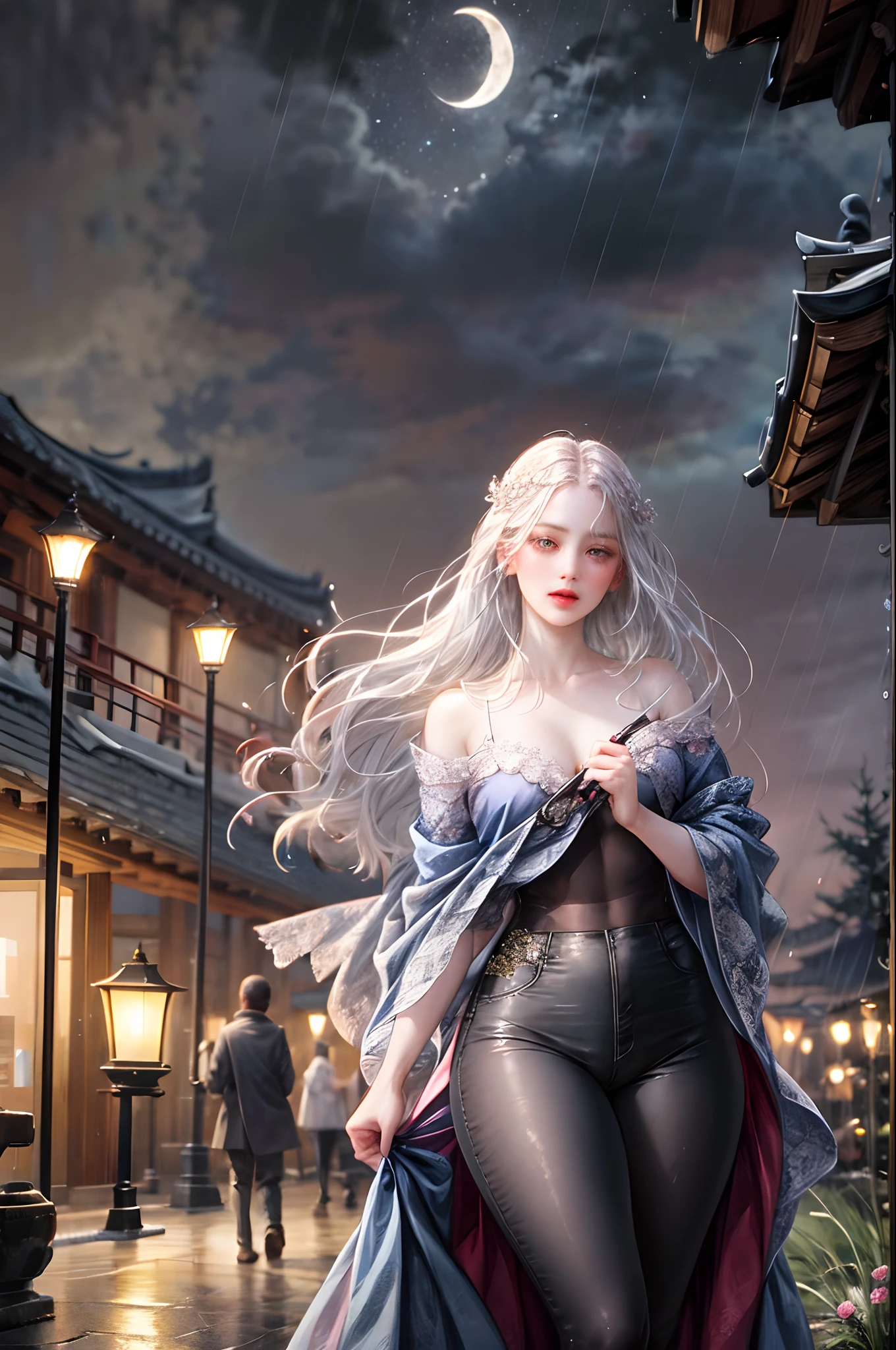 On a rainy playground, The girl hit the umbrella above her head, Holding an umbrella in the other hand, Blue denim leggings, Masterpiece superb night moon full moon 1 female mature woman, Chinese sister, royal sister, cold face showing silver-white long-haired woman, light pink lips, calm intellectual, three bands, gray schoolboy, assassin, lantern, lantern, flower bulb, background, strolling street scene, Long hair shawl,
