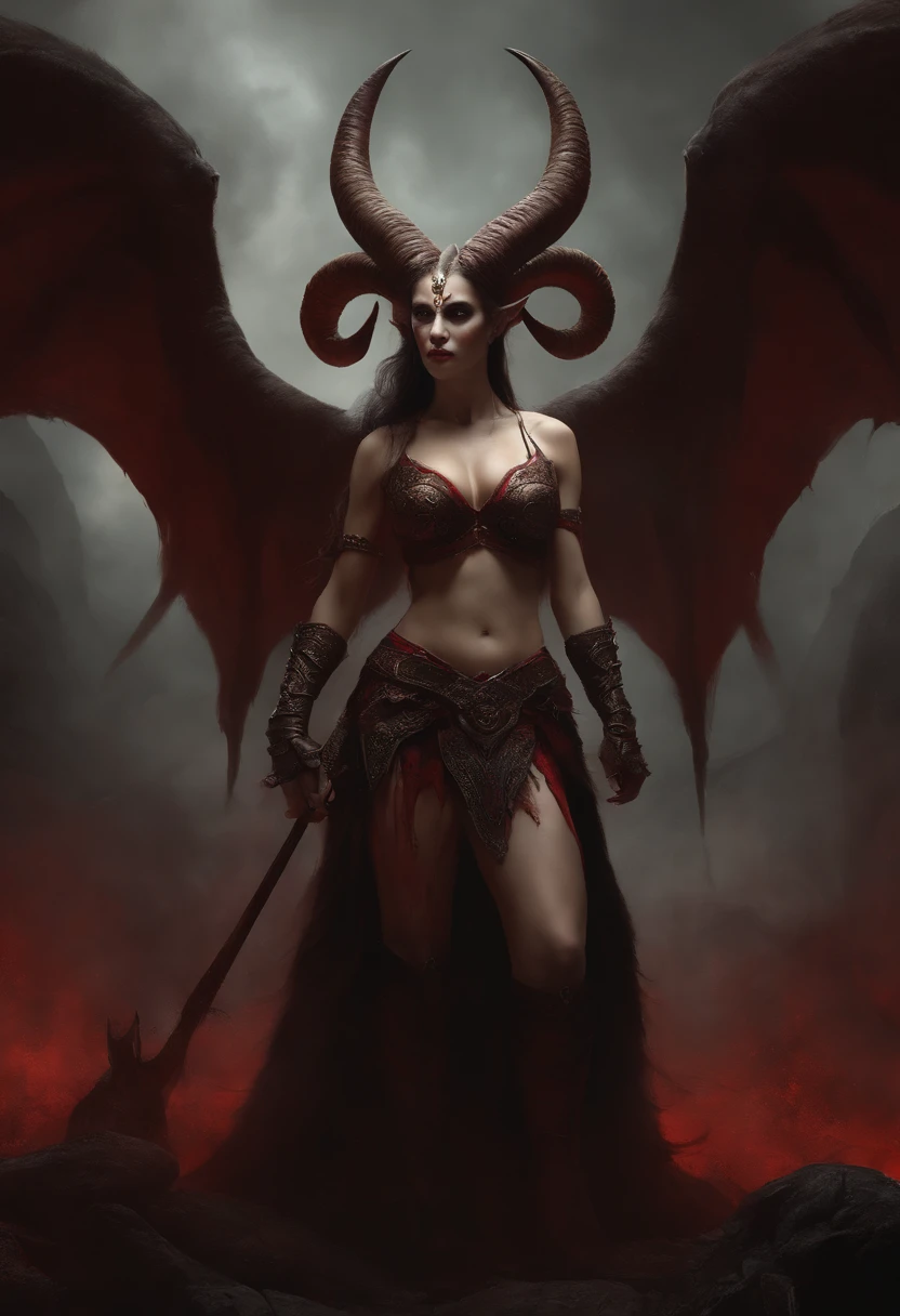 a goat-headed demon with large horns, strong and strong upper body, demon skins, skins, ((claws, wings)), demonic armor, blood splatters, skulls on the ground, standing in a blood ritual, medieval, dark room, dim light, masterpiece, realistic, oil painting, near  girl red bra