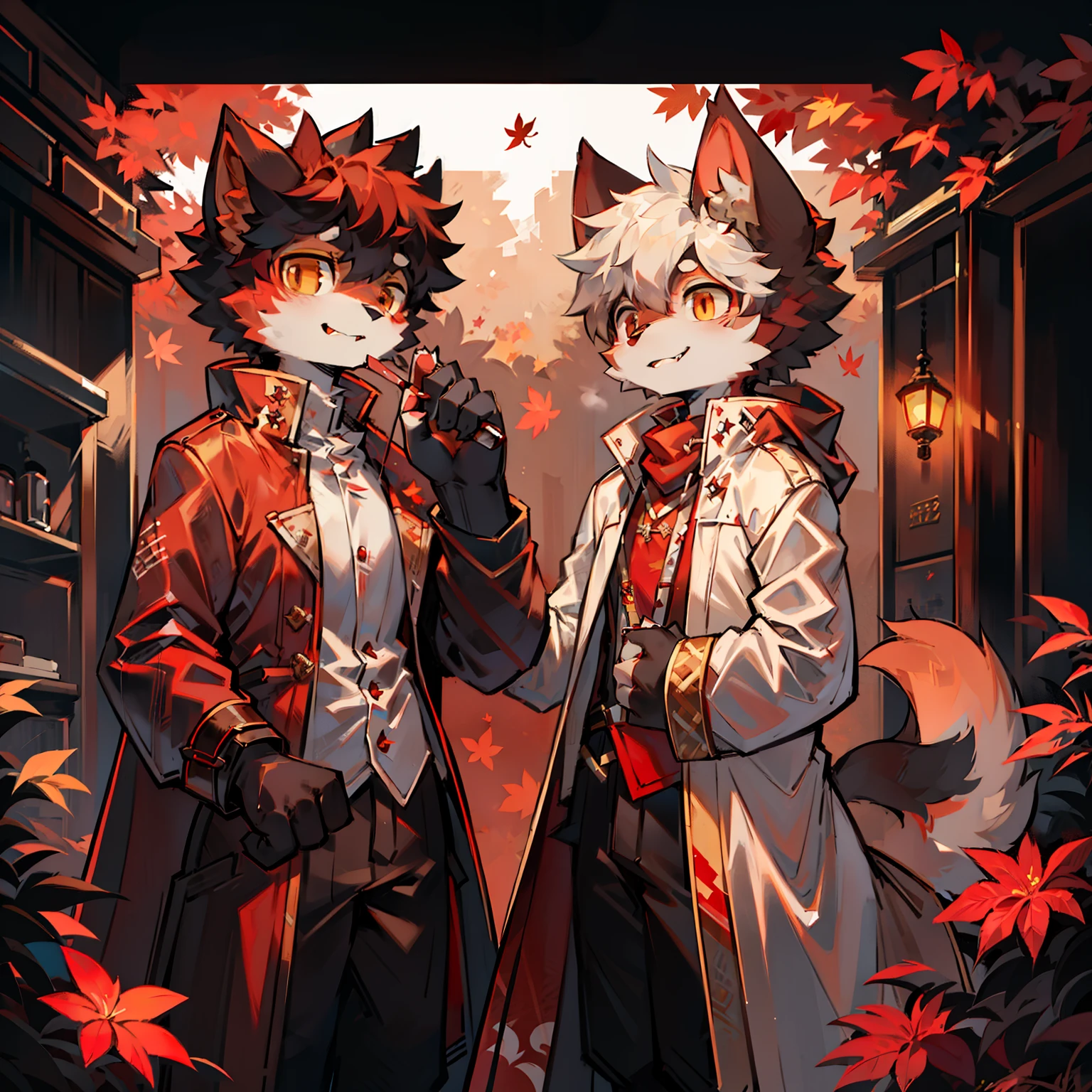 Two male red cats,Chinese trench coat,firmament,shoun,Single-image charts,Long red scarf,Maple leaves fall from the sky,Blood-red umbrella,amaryllis