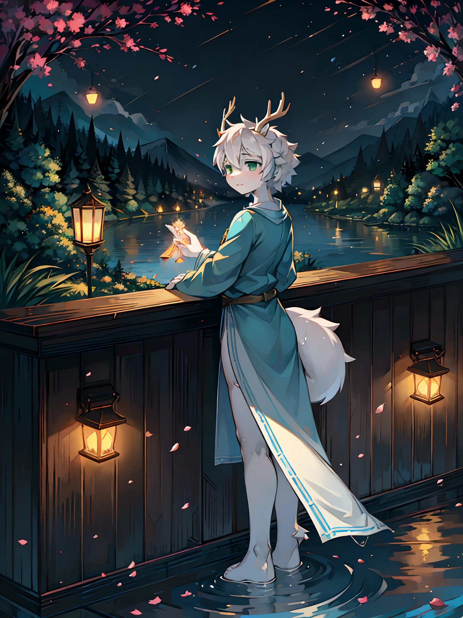 A white deer,long blue robes,Green eyes,deer antlers,River side,falling flower petals,It rained heavily,The tree,White petals,Lake Pavilion,Holding an umbrella,dark cloude,A sad look,veils,rainwater,Blue umbrella,White pear blossom tree,downpours,rain,holding folding fan,Paper lanterns floating on the surface of the river,River lamps,Ripples on the surface of the river,rained