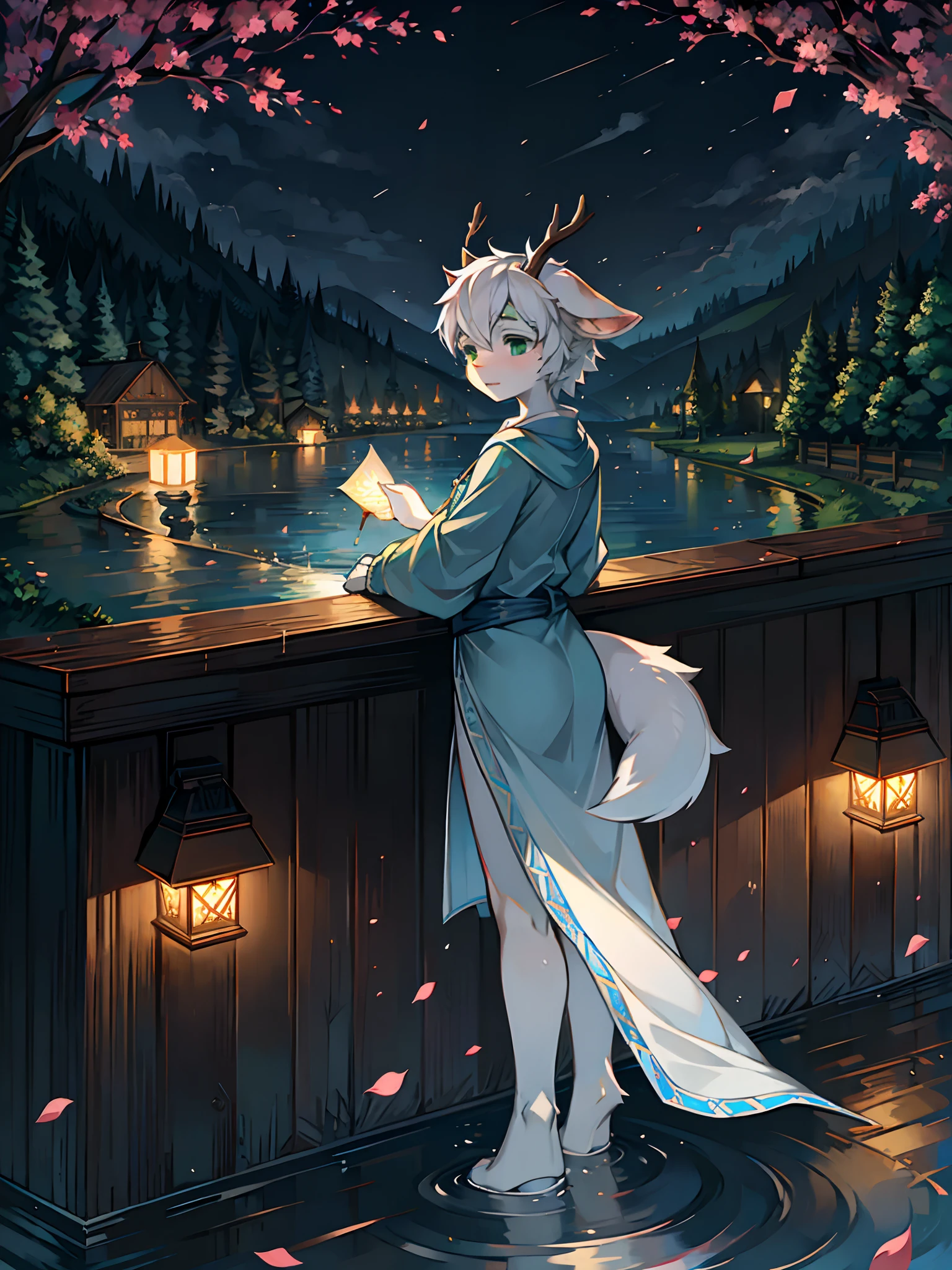 A white deer,long blue robes,Green eyes,deer antlers,River side,falling flower petals,It rained heavily,The tree,White petals,Lake Pavilion,Holding an umbrella,dark cloude,A sad look,veils,rainwater,Blue umbrella,White pear blossom tree,downpours,rain,holding folding fan,Paper lanterns floating on the surface of the river,River lamps,Ripples on the surface of the river,rained