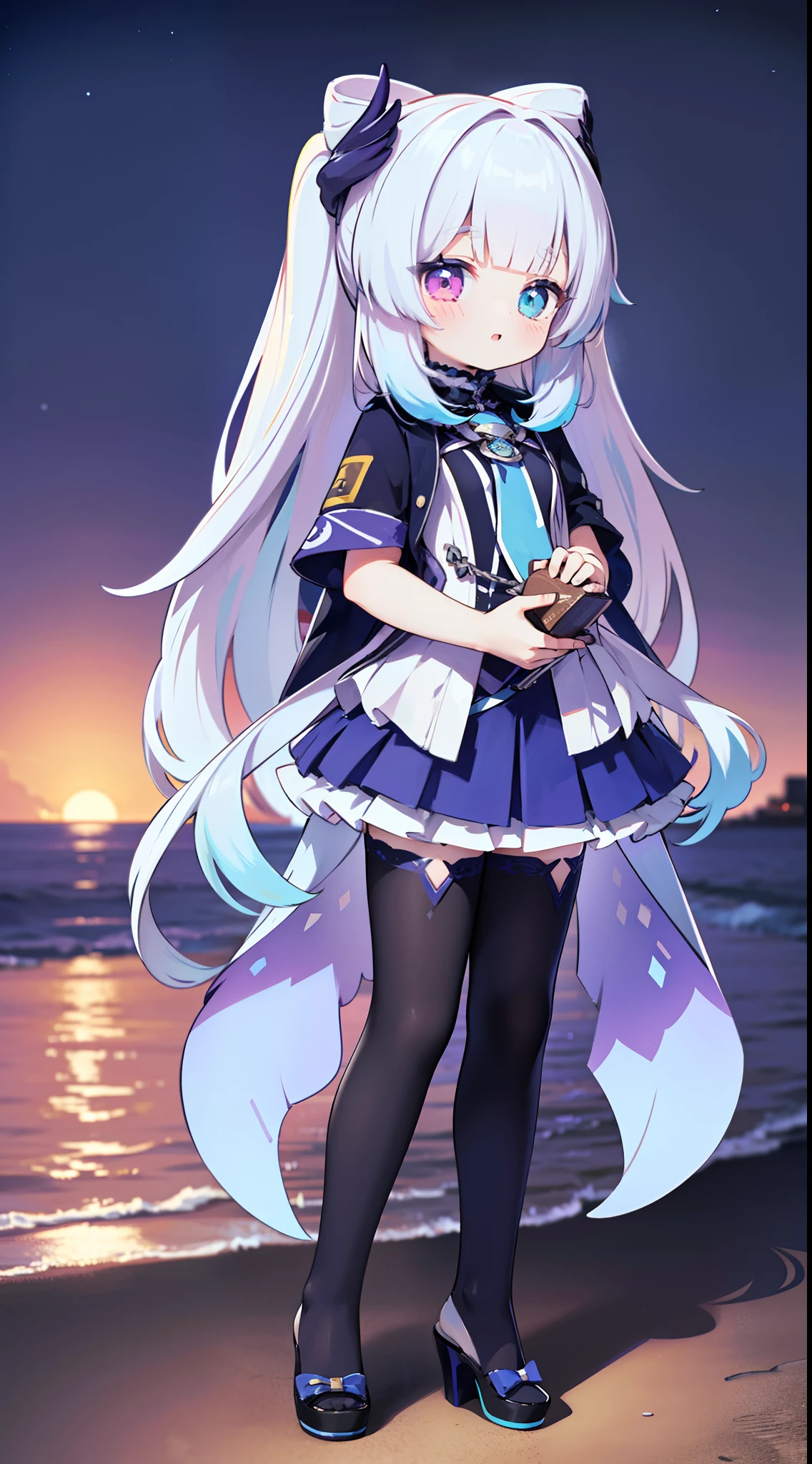 , Arknights style, looking at viewert, Extremely detailed Cg Unity 8K wallpaper, Face view, The background is blurred out, Dramatic angle, ((Colorful:1.1)), ((Colored inner hair:1.4)), solo 1girl, Solo, White hair, Long hair, whaite hair, Devil Eyes, Heterochromia, Award-Awarded, ta wears a short skirt,Hosiery,high-heels,k hd, 4K,Shooting by the sea