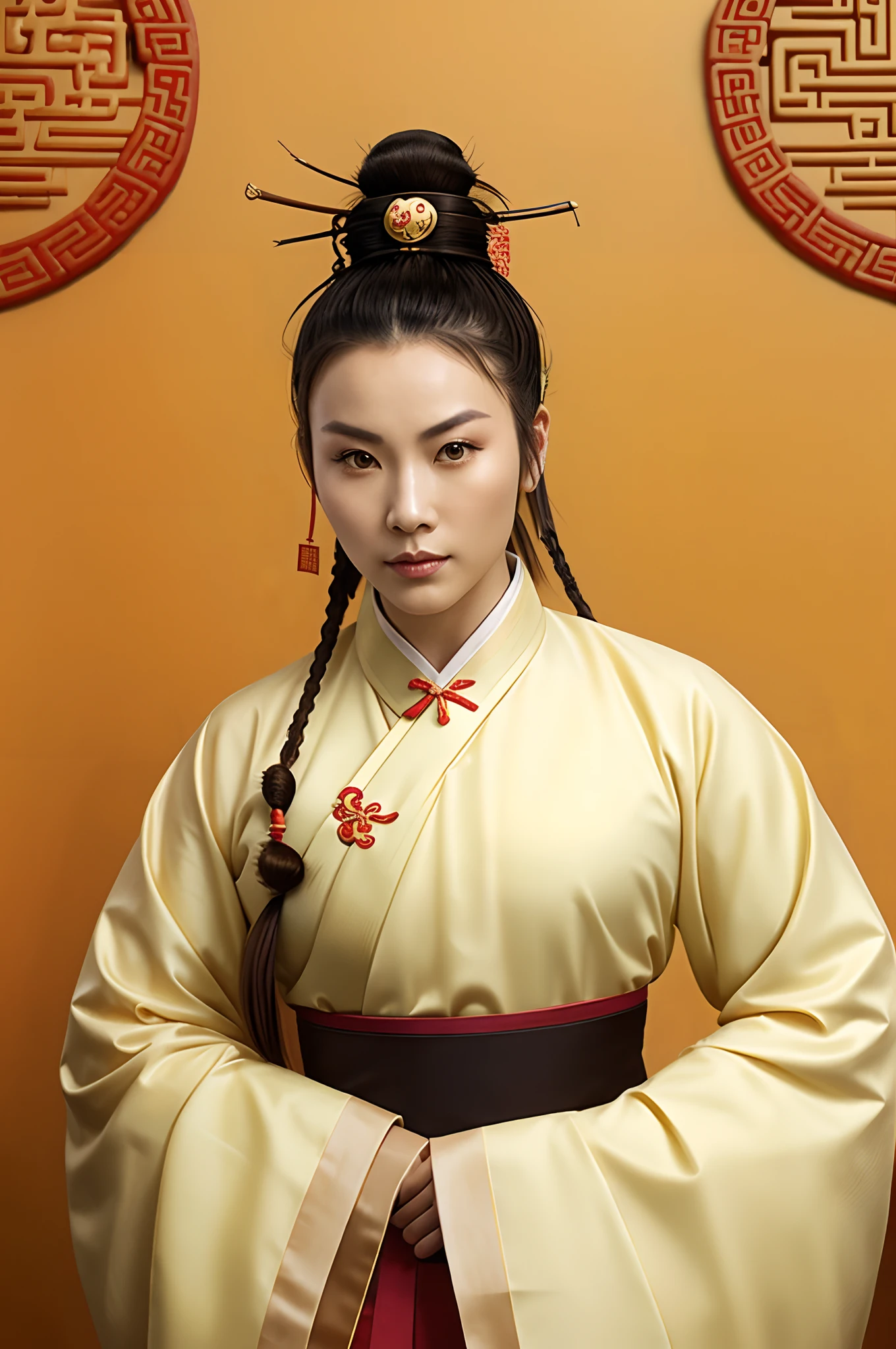 Human female characters,Taoist:1.4, single hair bun,Chinese type, Age around 20, smallunderboob, Wear traditional Wudang clothing,(single hair bun,topknot,Ancient Chinese hair motto:1.4,Ancient Chinese hair accessories:1.3),sport, height of 165cm, 55 kg weight, Brown eyes