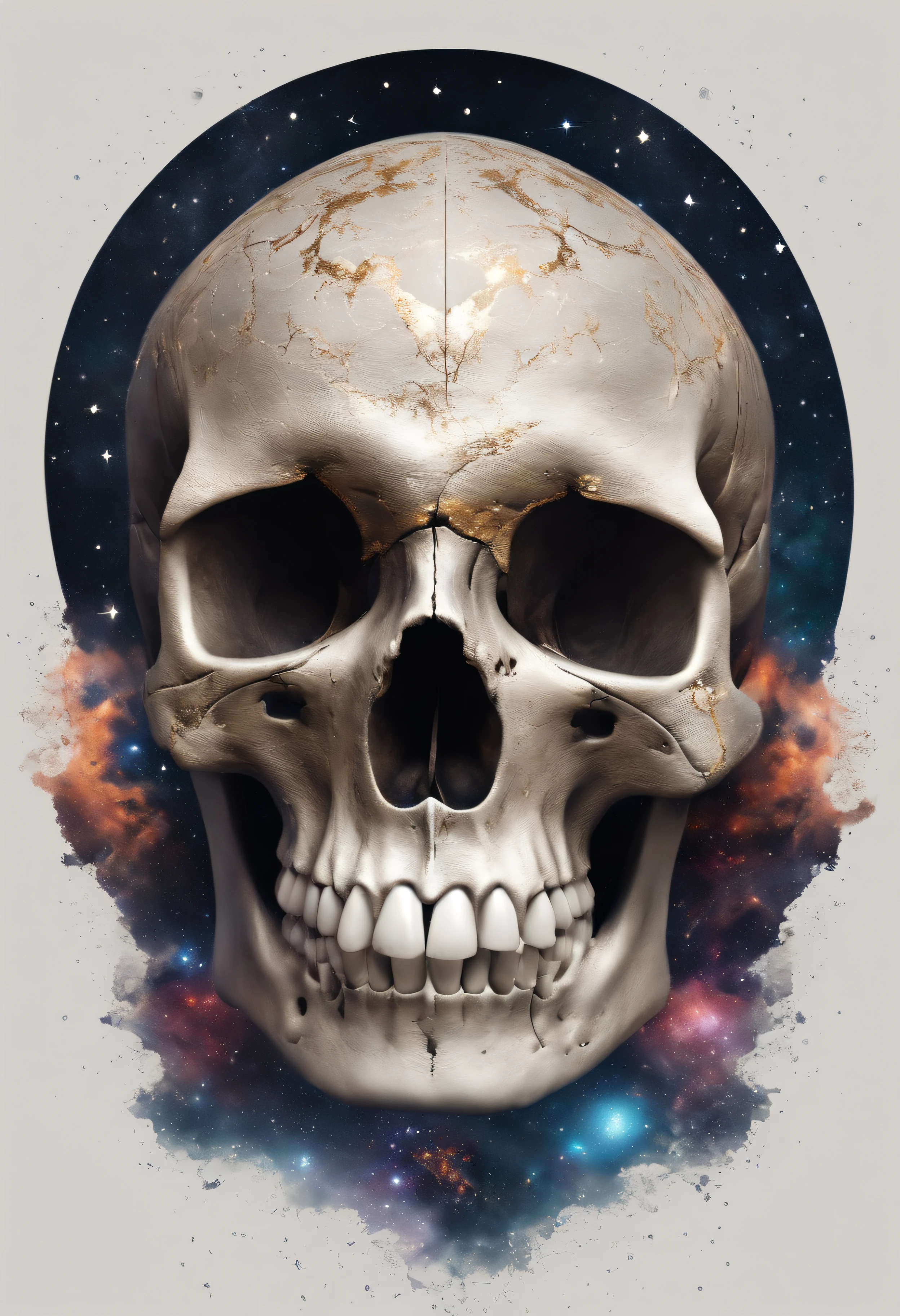 Create an image of a realistic skull with elements from outer space, as stars and galaxies, simbolizando o infinito e a eternidade da morte.