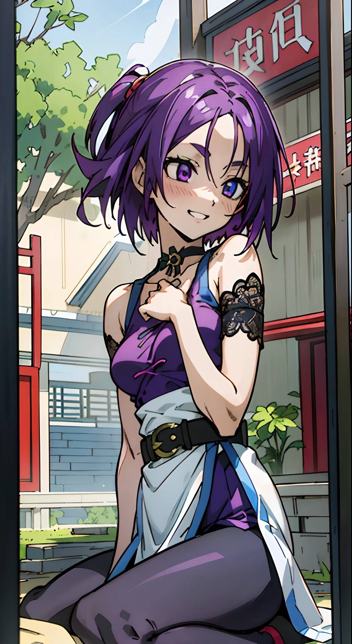 masutepiece, Best Quality, Ultra-detailed, Colorful,Up-close, Hyper-detailing,purple color hair, Ultra-realistic hair quality, Vibrant colors, Beautuful Women, Beautiful long hair, Shiny hair, detailed hairs, Reo Mikage, Blue Lock, no sleeves, Camisole and cheongsam, Blue cheongsam, Camisole and cheongsam, dress, lace dress, chinese clothes, Chest exposure, Lace underwear, Metamorphosis is exposed, belt, Choker, Black Choker, arm warmer, Relative area, Sexy breasts, Big breasts, Bare legged, leggins, Blue Leggings, Bare legged, Sandals, Black sandals, Sitting on the floor, Sitting on the ground, red blush, 1girl in, Solo, Sharp face, Heterochromia, Green eyes, Purple eyes, Bare neck, Happy face, rays of sunshine, Brave Sky, shining sky,shanghai, China, Shanghai Village, castle