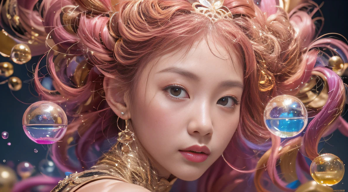 32K(tmasterpiece,k hd,hyper HD,32K)Curly hair with a ball tip,Flowing bubbles,ponds,zydink, a color, Asian people (water sphere), (Colorful bubbles), Combat posture, looking at the ground, Large rolls of rouge bubbles, Flowing rouge curls,Crystal tiara, Chinese long-sleeved black gold garment, Water Goddess(Abstract water splash:1.2), Pink peony flower background,Buble(realisticlying:1.4),Rouge hair,The day is in full swing,The background is pure, A high resolution, the detail, RAW photogr, Sharp Re, Nikon D850 Film Stock Photo by Jefferies Lee 4 Kodak Portra 400 Camera F1.6 shots, Rich colors, ultra-realistic vivid textures, Dramatic lighting, Unreal Engine Art Station Trend, cinestir 800,Large roll bubbles,Flowing bubbles,Colored bubbles that refract light