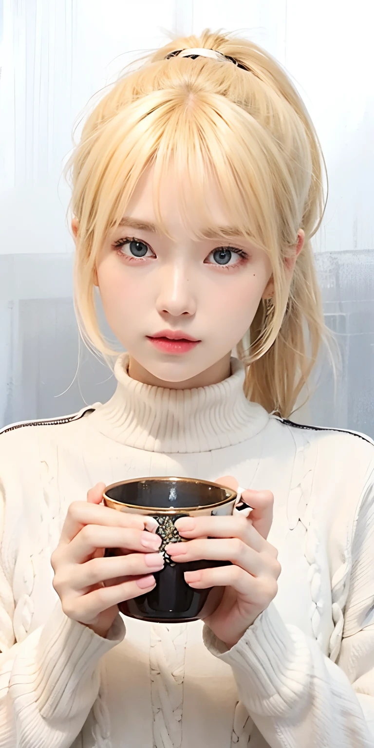 1girl,blonde hair,medium hair, ponytail hair,white sweater,holding a cup