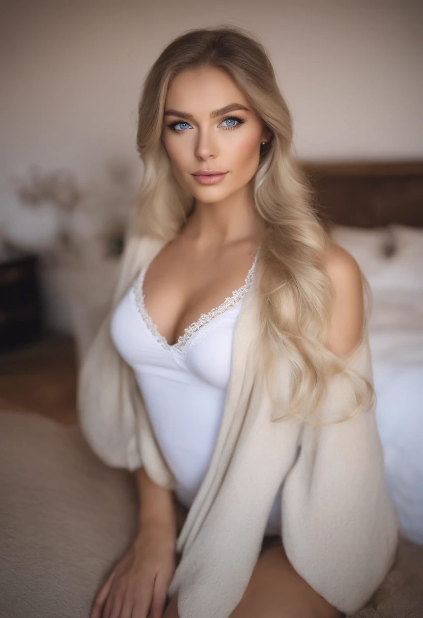 arafed frau voll , Sexy girl with blue eyes, ultra realistisch, Akribisch detailliert, portrait sophie mudd, blonde hair and big blue eyes, Selfie einer jungen Frau, Augen im Schlafzimmer, Violet Myers, ohne Make-up, Natural makeup, Blick direkt in die Kamera, Gesicht mit Artgram, dezentes Make-up, Stunning full body shot, die auf dem Bett kniet, im Schlafzimmer, medium to large bust size