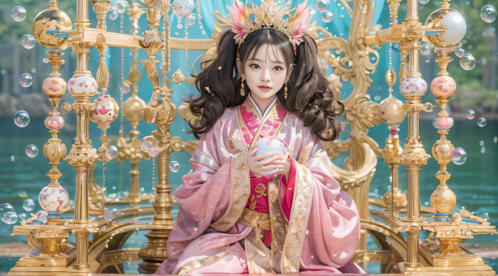 32K(tmasterpiece,k hd,hyper HD,32K)Curly hair with a ball tip,Flowing bubbles,ponds,zydink, a color, Asian people (water sphere), (Colorful bubbles), Combat posture, looking at the ground, Large rolls of rouge bubbles, Flowing rouge curls,Crystal tiara, Chinese long-sleeved black gold garment, Water Goddess(Abstract water splash:1.2), Pink peony flower background,Buble(realisticlying:1.4),Rouge hair,The day is in full swing,The background is pure, A high resolution, the detail, RAW photogr, Sharp Re, Nikon D850 Film Stock Photo by Jefferies Lee 4 Kodak Portra 400 Camera F1.6 shots, Rich colors, ultra-realistic vivid textures, Dramatic lighting, Unreal Engine Art Station Trend, cinestir 800,Large roll bubbles,Flowing bubbles,Colored bubbles that refract light