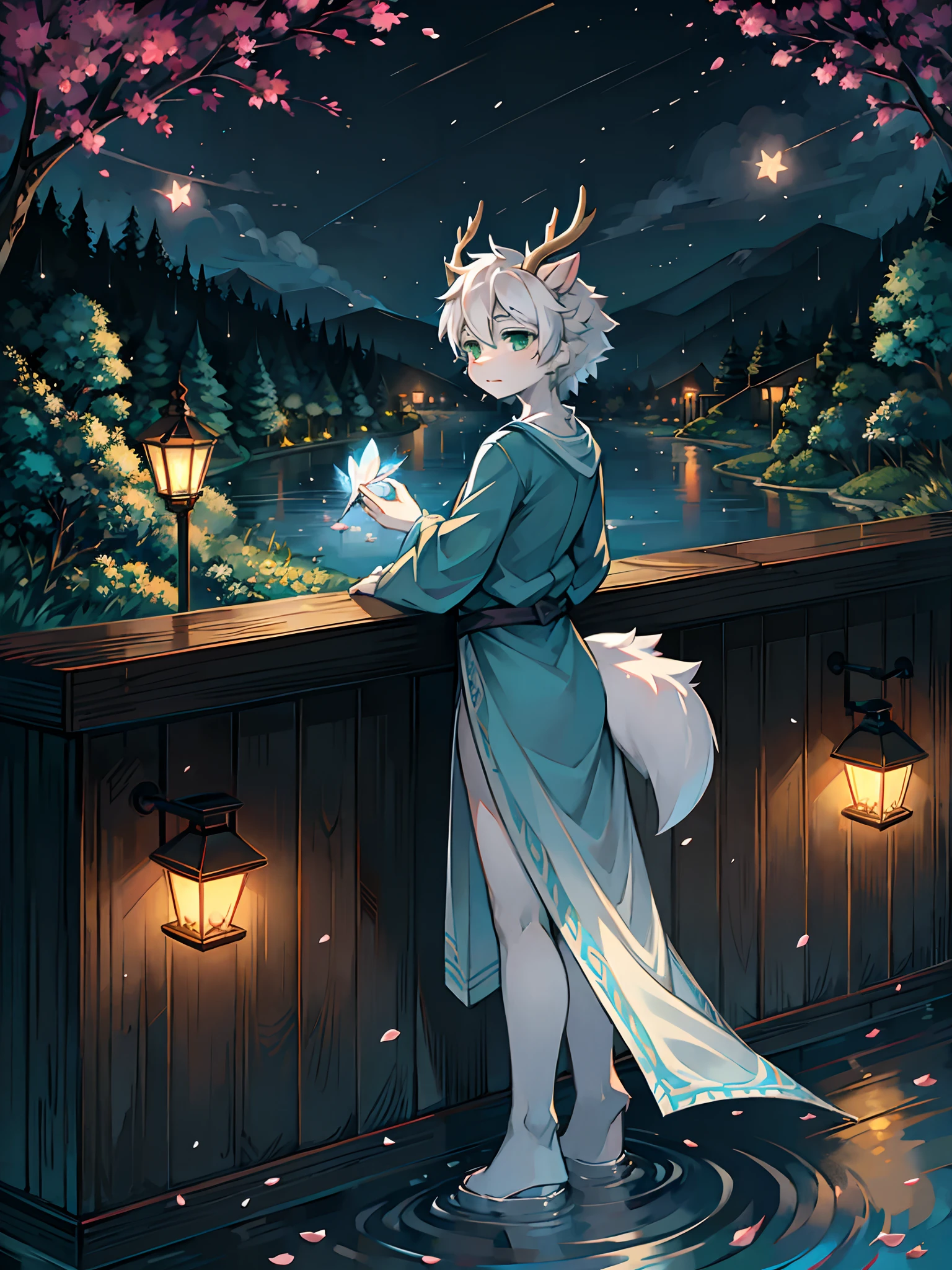 A white deer，long blue robes，Green eyes，deer antlers，River side，falling flower petals，It rained heavily，The tree，White petals，Lake Pavilion，Holding an umbrella，dark cloude，A sad look，veils，rainwater，Blue umbrella，White pear blossom tree，downpours，rain，Paper lanterns floating on the surface of the river，River lamps，Ripples on the river，rainwater