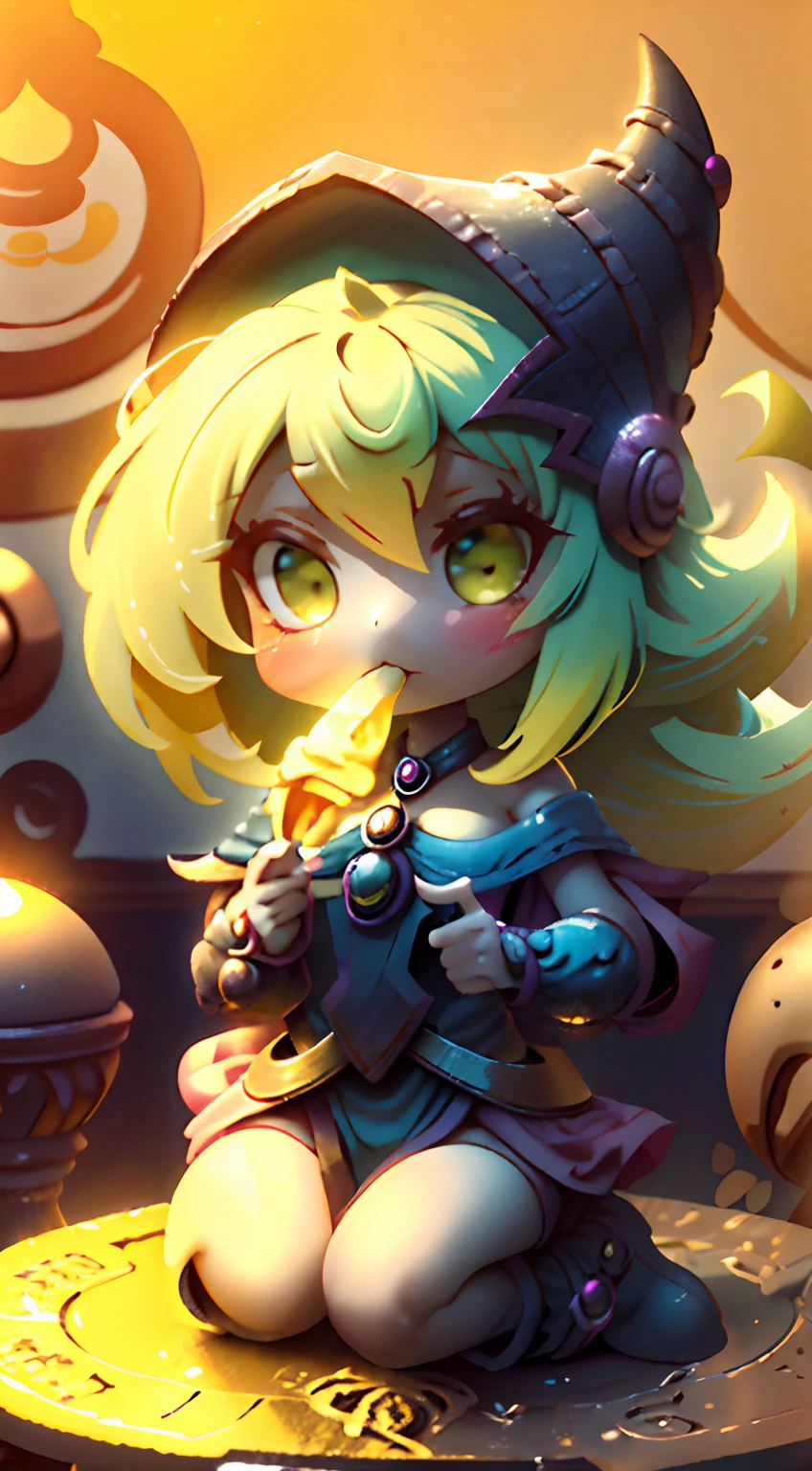 plastican00d， 1girls Dark Wizard Girl， Chibi T-Shi， cabello amarillo， Telas de lujo， tramado， Textura de helado，profundo， mira al espectador， fondo rayado. comiendo un helado. Magical hearts in the background. Mago Oscuro Chibi