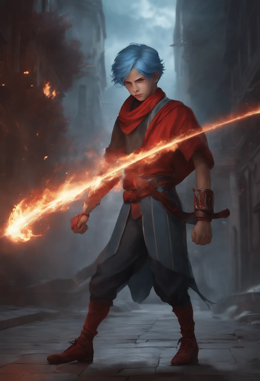 (a detailed picture,high quality,A boy with blue hair, wearing a boy school uniform, with glowing eyes, and a wise expression, standing in a distorted city. The boy is about 100 years old, and his eyes have a dead, intense stare. He is surrounded by souls and immortals, engaged in an intense fight. The boy seeks revenge with his destructive ability, aiming to exorcise the evil that plagues the city. angry face. exorcist ability. epic battle stance. flying away evil spirit. covered by smoke. epic background. badass. awaken cursed powers.sweating. big wars. got surrounded by enemy. menacing face. genocide. threatning looking. epic battle. blood. bleed. scars. fight seriously. face covered by blood. no mercy. exhausted. hand in bandage. arrogant face. fatal blow. cursed ability. hideous form. hand covered by bloods. screaming. disturbing background. wearing long pants. body in bandage. crying. tired. burning wings. blood on mouth. last hope. one man army. raining bloods. hairs on fire. warrior. killing instinct. wearing colorful scarf. blazing. got badly injured. bloody fight.on the verge of death. gamma ray burst. sky stars.grumble. showing teeth. got surround by enemy. fight on enemy base. boxing stance. punching impact. fierce expression. wearing red sneakers. rushing towards enemy. excited for fight. thunder storm. fire breath. running. from a far distance. so many bloods. epic background. brutal. violent. cruel. ruin temple. harsh fight. got so many scars on face. royalty. dynasty. wearing red bandana on hand. fantasy. grin. dashing. using blue fire ability. sea ​​of ​​fire. floating scarf. charging energy. facing powerful enemy. hand full of bloods. dangerous ability. got surrounded by fire. dark atmosphere. flowing hairs. got surrounded by stars. lone wolf. surround by smoke. spiritual warriors. son of dragon creature. his hair blown by the wind. sky castle. fire hand. blaze. his scarf blown by the wind.)