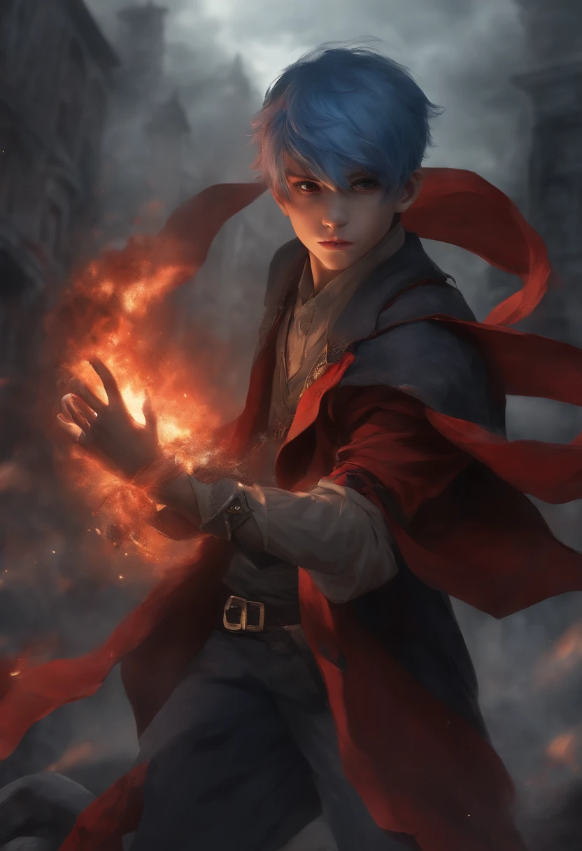 (a detailed picture,high quality,A boy with blue hair, wearing a boy school uniform, with glowing eyes, and a wise expression, standing in a distorted city. The boy is about 100 years old, and his eyes have a dead, intense stare. He is surrounded by souls and immortals, engaged in an intense fight. The boy seeks revenge with his destructive ability, aiming to exorcise the evil that plagues the city. angry face. exorcist ability. epic battle stance. flying away evil spirit. covered by smoke. epic background. badass. awaken cursed powers.sweating. big wars. got surrounded by enemy. menacing face. genocide. threatning looking. epic battle. blood. bleed. scars. fight seriously. face covered by blood. no mercy. exhausted. hand in bandage. arrogant face. fatal blow. cursed ability. hideous form. hand covered by bloods. screaming. disturbing background. wearing long pants. body in bandage. crying. tired. burning wings. blood on mouth. last hope. one man army. raining bloods. hairs on fire. warrior. killing instinct. wearing colorful scarf. blazing. got badly injured. bloody fight.on the verge of death. gamma ray burst. sky stars.grumble. showing teeth. got surround by enemy. fight on enemy base. boxing stance. punching impact. fierce expression. wearing red sneakers. rushing towards enemy. excited for fight. thunder storm. fire breath. running. from a far distance. so many bloods. epic background. brutal. violent. cruel. ruin temple. harsh fight. got so many scars on face. royalty. dynasty. wearing red bandana on hand. fantasy. grin. dashing. using blue fire ability. sea of fire. floating scarf. charging energy. facing powerful enemy. hand full of bloods. dangerous ability. got surrounded by fire. dark atmosphere. flowing hairs. got surrounded by stars. lone wolf. surround by smoke. spiritual warriors. son of dragon creature. his hair blown by the wind. sky castle. fire hand. blaze. his scarf blown by the wind.)