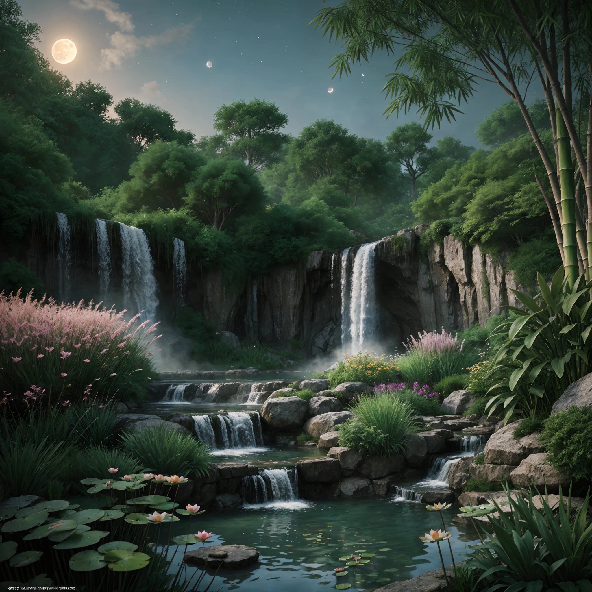 Ancient Chinese architecture, moon, midnight, garden, bamboo, lake, stone bridge, rockery, arch, corner, tree, running water, landscape, outdoor, waterfall, grass, rock, water lily, hot spring, water vapor, (Illustration: 1.0), Epic Composition, Realistic Lighting, HD Details, Masterpiece, Best Quality, (Very Detailed CG Unity 8k) --v 6