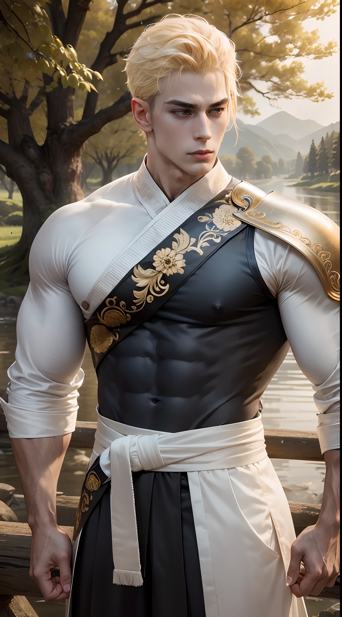 A 20 years old western martial art Sensei (male), handsome man, muscle, white, the old temple where small river, beautiful trees, peacefull environment, birds are sit on the tree, highly detailed texture, 8K UHD, shoot with Sony alpha a7, short style yellow hair, diamond face, high-quality detailed face, fit body, Precise, detailed eyes look straight ahead , pose standing