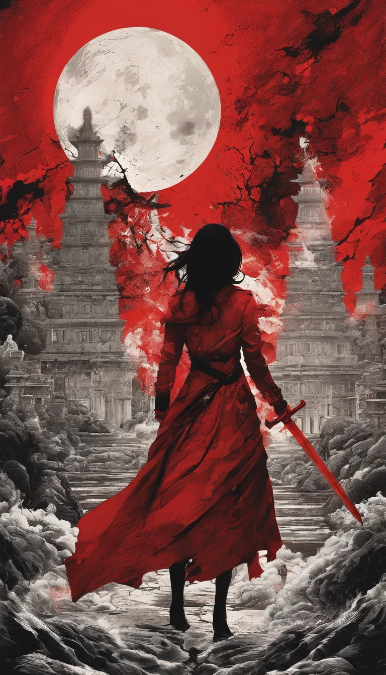 A similar art by kentaro Miura a woman holding a giant sword walking in the realm of demons that go in the skies illuminated by a lunar eclipse totally red with blood as this woman walks with a giant sword on her shoulder completely full of blood with a look of hatred prepared to kill everyone and several bodies on the way showing the destruction