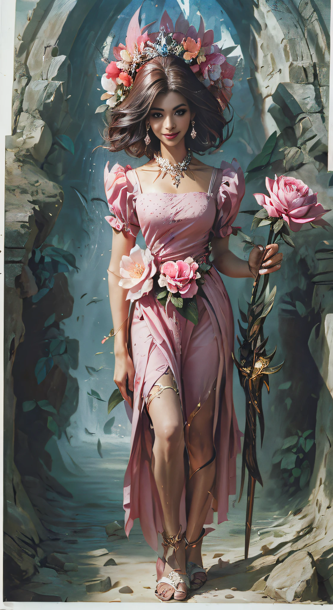 Senhora Mulher, rainha e mestre em todas as roupas rosa e dourada, bonito com uma coroa de flores e um lindo vestido rosa, 50 anos, sorridente, appearing from head to toe, Master of a Colony of Light, Uma cidade de luz e reinado , The image should appear from head to toe, em um reino, Castelo das Flores, She was supposed to be standing with a staff of flowers