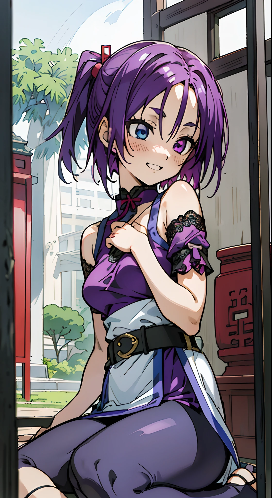 masutepiece, Best Quality, Ultra-detailed, Colorful,Up-close, Hyper-detailing，purple color  hair, Ultra-realistic hair quality, Vibrant colors, Beautuful Women, Beautiful long hair, Shiny hair, detailed hairs, Reo Mikage, Blue Lock, no sleeves, Camisole and cheongsam, Blue cheongsam, Camisole and cheongsam, Dress, Lace dress, chinese clothes, Chest exposure, Lace underwear, Metamorphosis is exposed, Belt bag, Choker, Black Choker, arm warmer, Relative area, Sexy breasts, Big breasts, Bare legged, leggins, Blue leggings, Bare legged, Sandals, Black sandals, Sitting on the floor, Sitting on the ground, red blush, 1girl in, Solo, Sharp face, Heterochromia, Green eyes, Purple eyes, Bare neck, Happy face, rays of sunshine, Brave Sky, shining sky,shanghai, China, Shanghai Village, castle