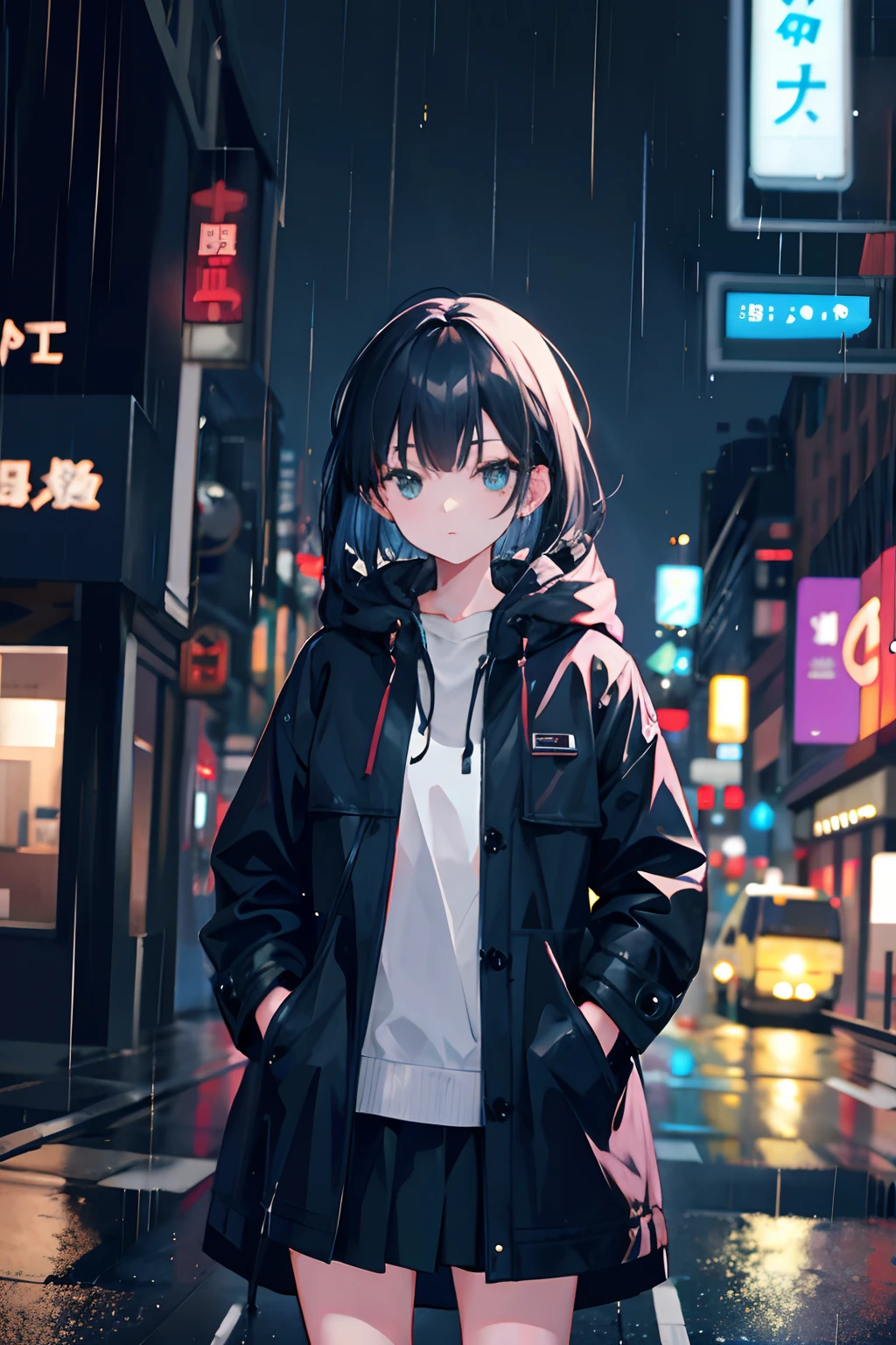 1girl, Night City, rain, coat, hands in pockets