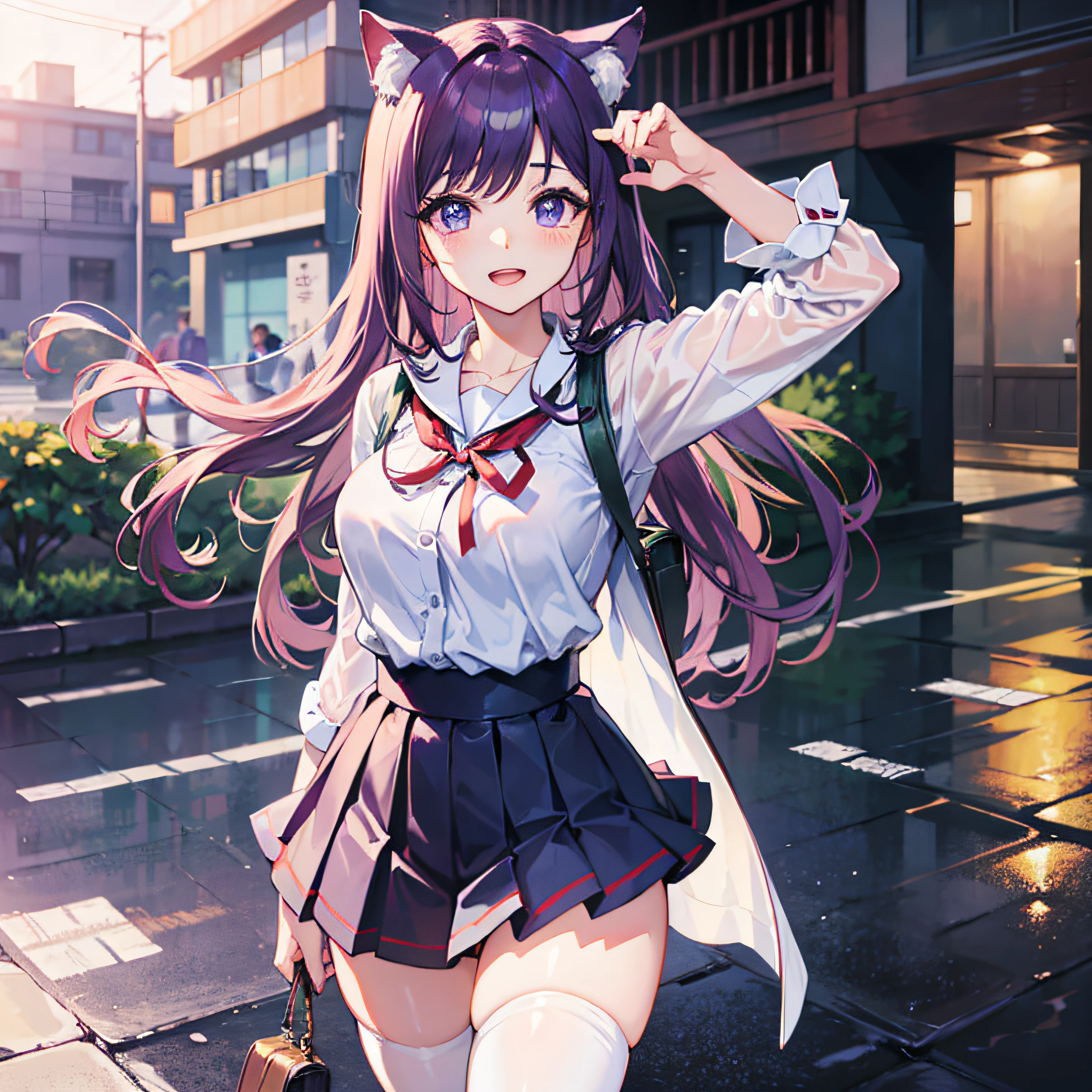 （（best qualtiy，8K））Anime girl with long hair and cat ears standing in front of the city，Rin Tosaka，anime moe art style，style of anime，Such as Fate/stay night，long hair anime girl，Very cute anime girl face，Night core，From the front line of girls，cute anime girl portraits，Anime girl with cat ears，High Quality Anime Art Style， "Beautiful anime woman"，A small red ribbon on the head((Best quality)), ((Masterpiece)), ((Perfectcomposition)):1.5, ((Perfect anatomy)):1.5, illustration, High-res, lighting perfect, Dynamic Angle, (((Clean and clean))), absurderes, (((Clean and clean))), Unbelievable absurdity, 1girll, sole, standing, Senkazenkai First Day, mature, Sexy, spread , , full bodyesbian, Purple hair, Long hair, hair pin, Purple eyes, school uniform, Green pleated skirt, red necklace, , See-through:1.1, ((zettai ryouiki)), , Huge breasts, Playing, femdom, Open mouth, cheerfulness, Smile, enchanting expressionless, blissful, self-assured, enjoying, (Detailed face description), (Detailed eyes description), Lying, Seductive, Advanced CG, Amazing quality, Octane rendering.A Japanese anime girl，Purple cat ears，Purple hair big breasts，Pantyhose purple stockings，beautidful eyes，a matural female，Clear face，Dressed in purple Japanese school uniform，Purple Japanese school uniform，japanese girl school uniform，Wear purple Converse canvas shoes