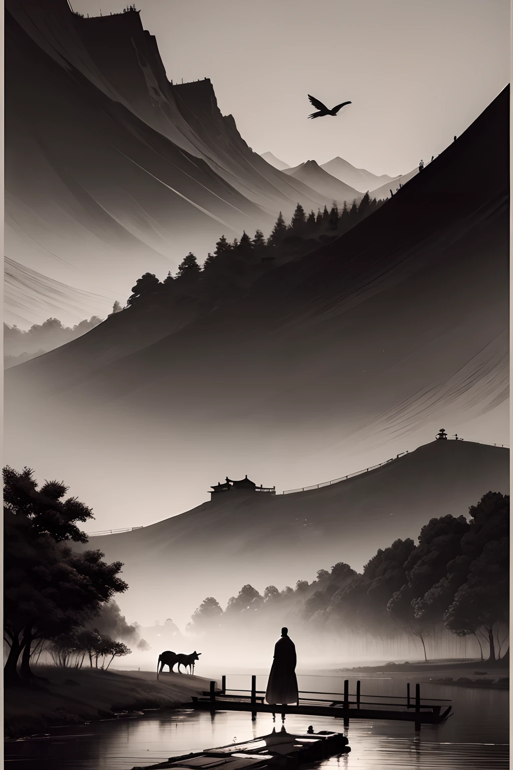 A crow stands on an old tree Small bridge flowing water A man leading a horse Looking at several houses in the distance Sunset ink painting Ink style Chinese painting Black and white ink on paper Minimalism Stick figures