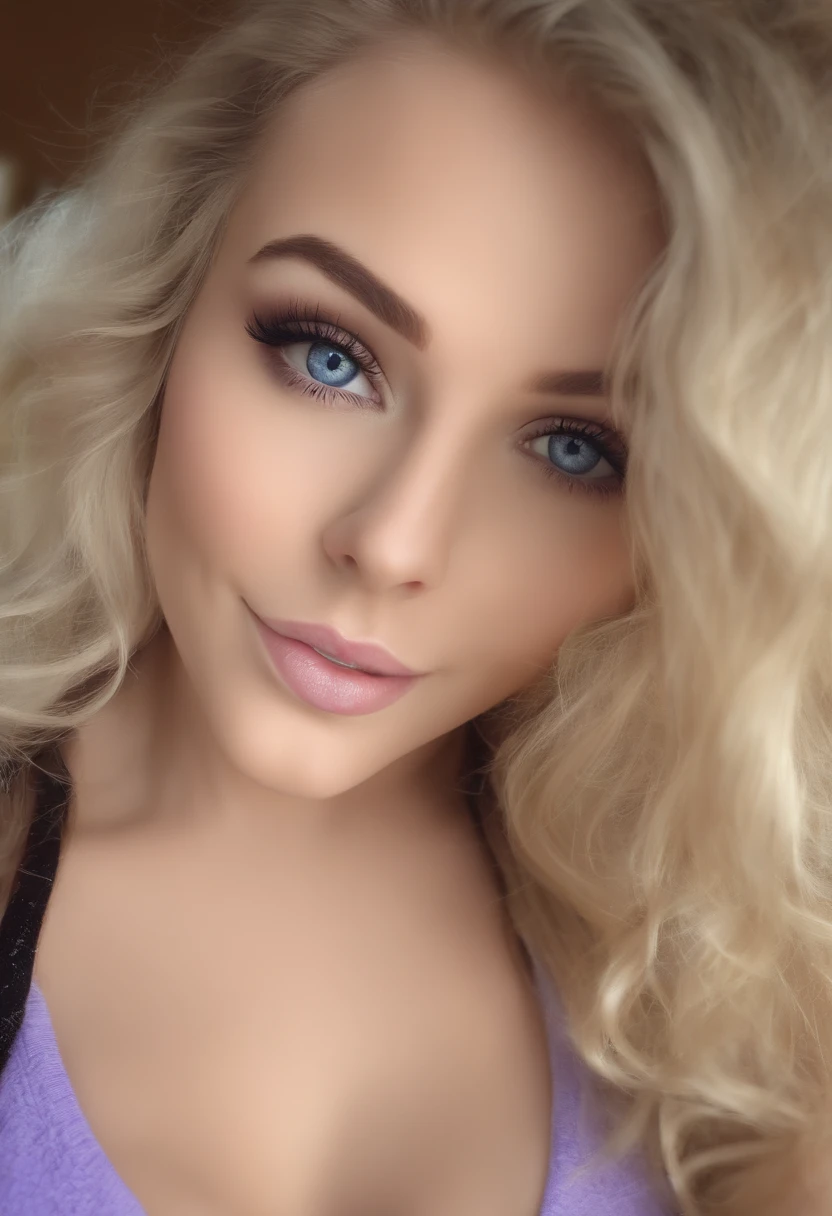 Sexy girl with blue eyes, ultra realistisch, Akribisch detailliert, blonde hair and big blue eyes, Selfie einer jungen Frau, Augen im wohnzimmer, Violet Myers, Blick direkt in die Kamera, Gesicht mit Artgram, dezentes Make-up, Stunning full body shot, medium to large bust size