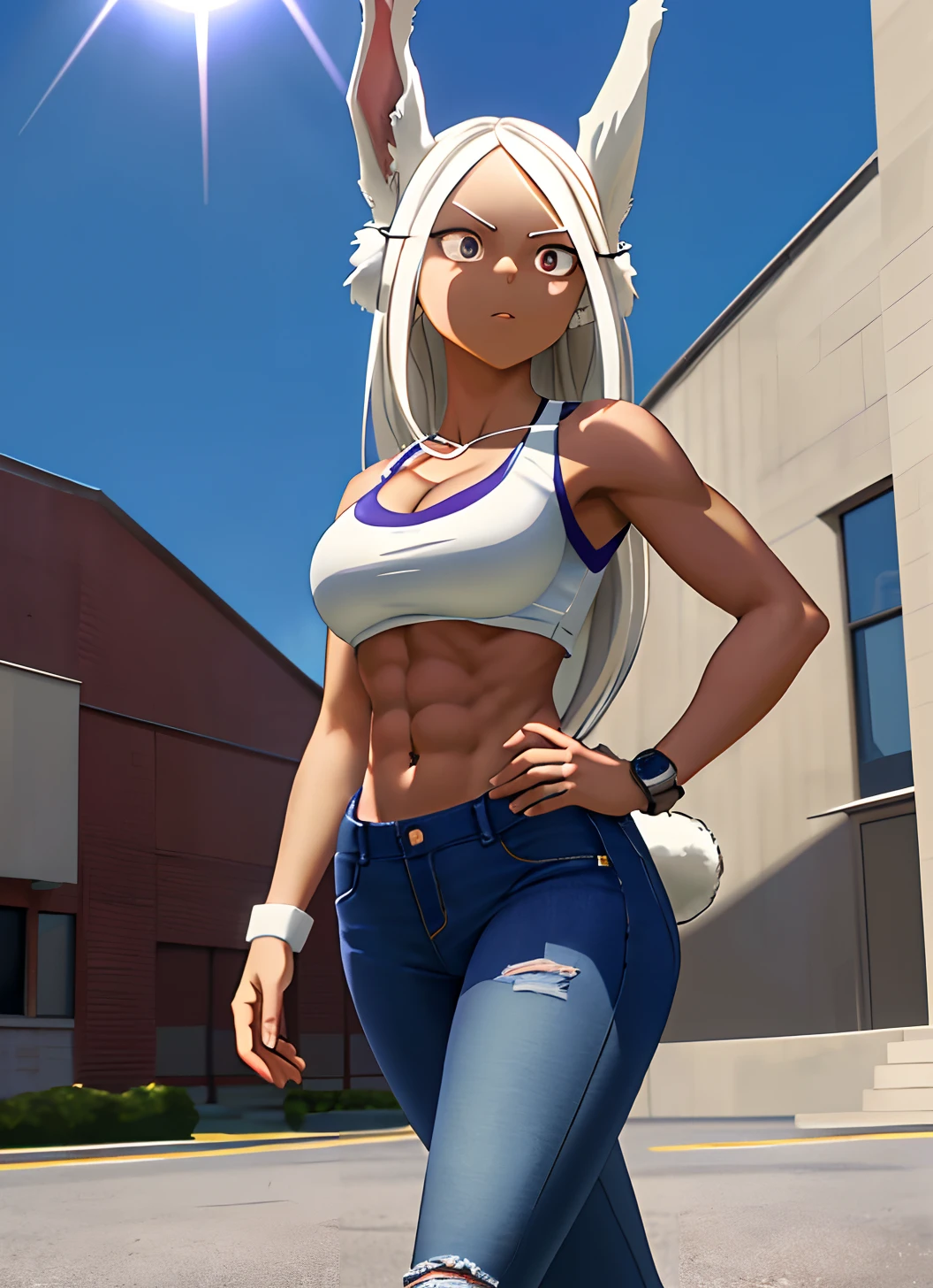 [Miruko; Boku no hiro academia], ((masterpiece)), ((HD)), ((high quality)), ((solo portrait)), ((anime)), ((Kohei Horikoshi)), ((detailed shading)), ((beautiful render art)),((cinematic lighting)), ((intricate details)), {Miruko; (dark skin), cute maroon eyes, long eyelashes, long white hair, long white bunny ears, small fluffy white bunny tail, large boobs, (defined abs), (muscular legs), (defined arm muscles), gorgeous hips), (expressionless), (beautiful lips)}, {(white crop top with purple lines), (cleavage), (midriff), (pale blue tight ripped jeans), (watch on wrist), {(walking), (hand on hip), (looking at viewer)}, [Background; (park), (sidewalk), (blue sky), (sun rays)]