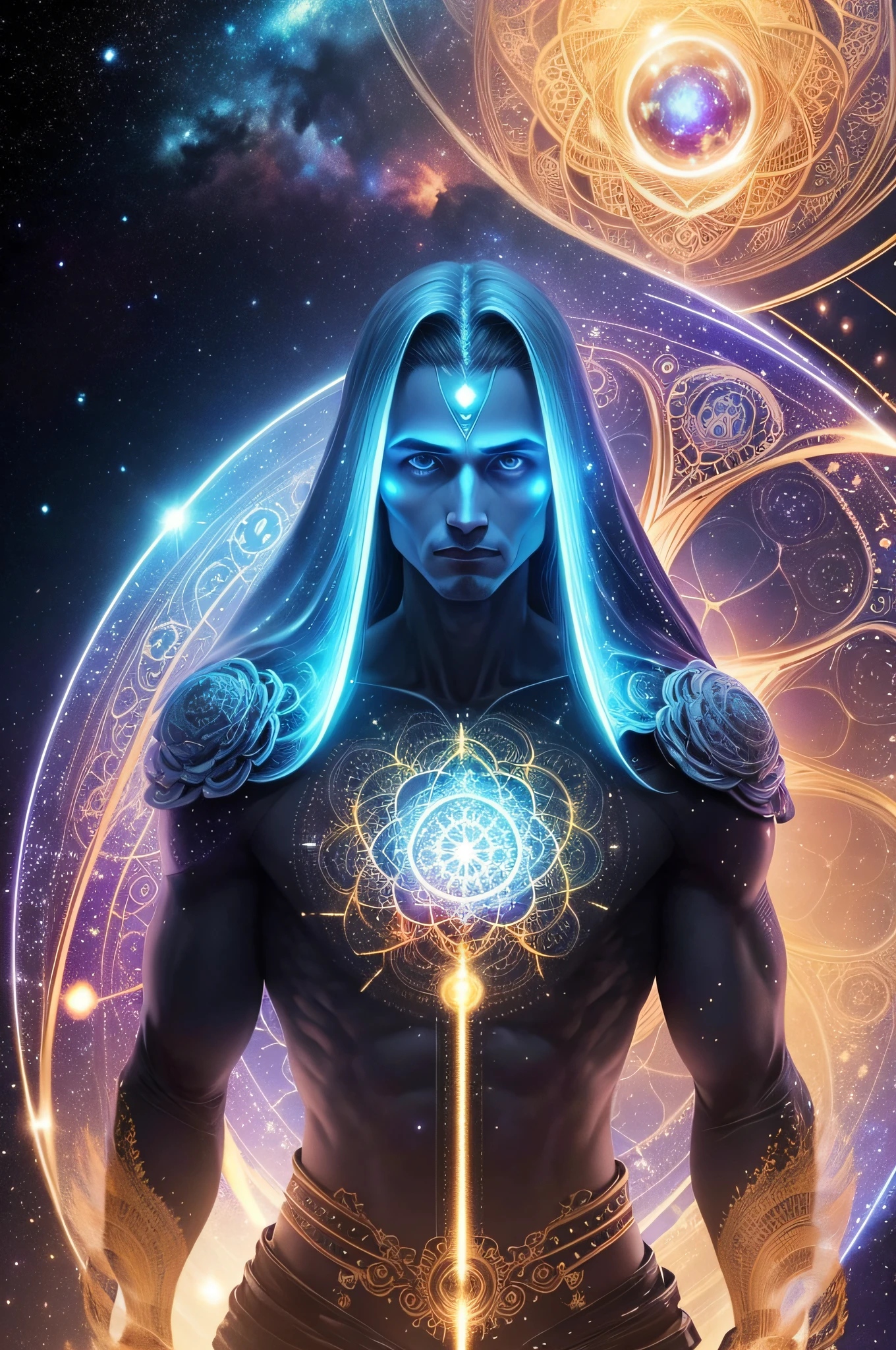 Imagem realista de um extraterrestre Arcturiano, with a galaxy background and a very detailed metatron mandala. Use qualidade extrema, cores vibrantes e realismo.