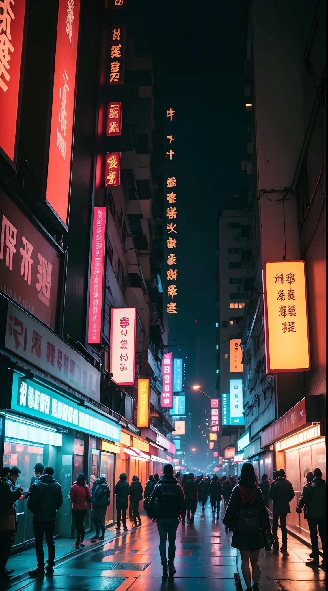"Streets of Hong Kong, dystopian, (bldrnrst:1.1), RAW, cinematic, masterpiece, cinematic lighting, (setting), photorealistic (blend[technologically advanced|decaying]Cyberpunk city), (cityscape:1.2), intricate, evokes feelings of despair, RTX, Cyberpunk art from a, (KODAK VISION3 500T color negative 35mm films), film scanning, (film grains), 8k."