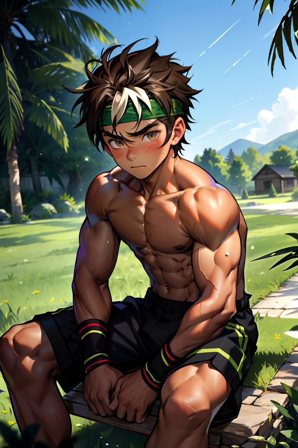 (Masterpiece, Best quality 12 year old boy,Shota), 1boys, Young,Muscular, Short hair, with brown eye, Intricate, Grass, full bodyesbian, Shirtless, Muscles sparkle in the sun,Black shorts, green headband, Vivid colors,(Depth of field:1.2),(Abs),Blush, view the viewer, Sit on grass,