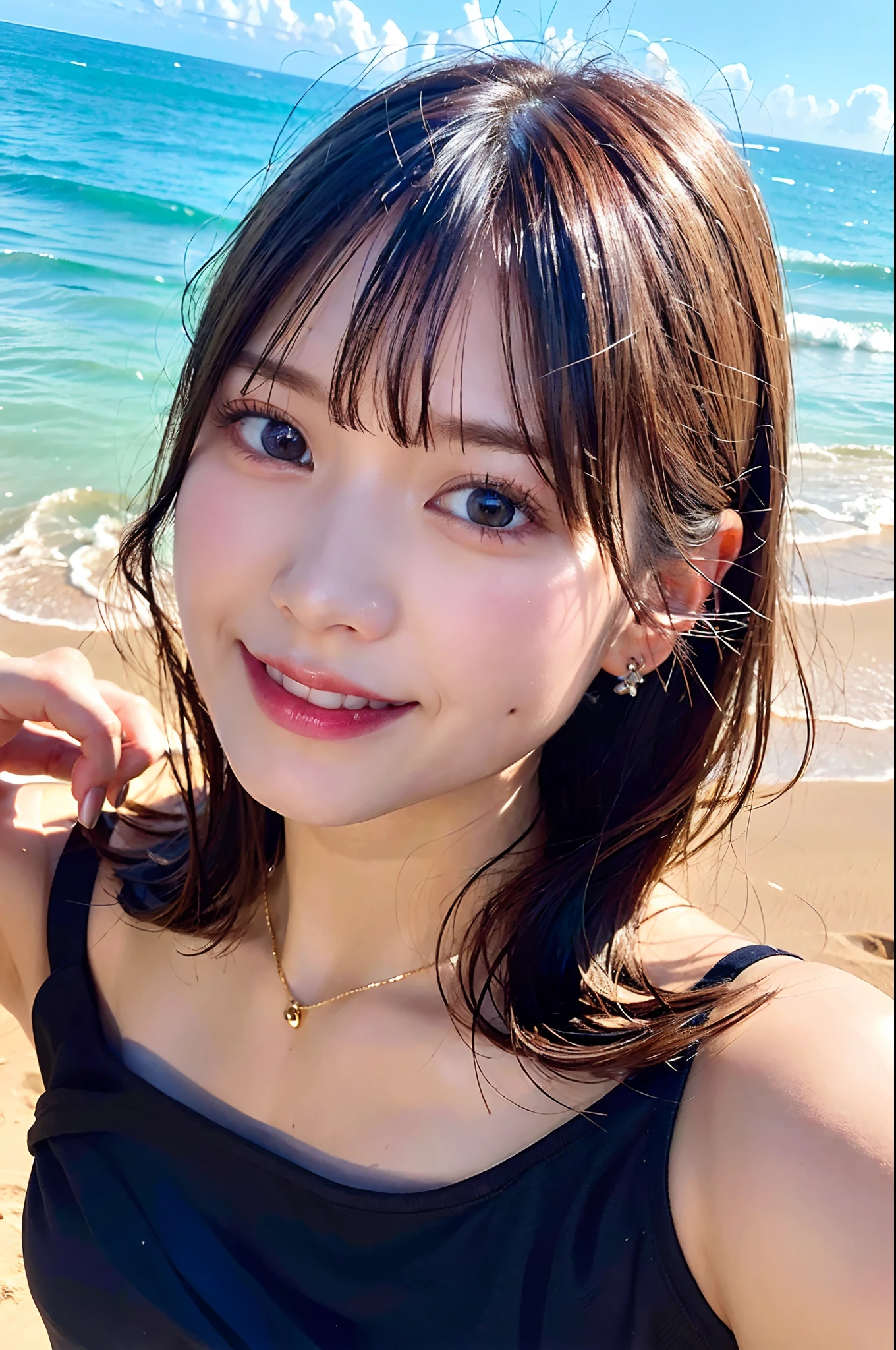 ((highest quality, 8K, masterpiece :1.3)), 1 girl, A cute woman who emphasizes her slender abdominal muscles :1.3, (brown hair, twin tails, small breasts:1.2), wet body:1.2, summer sandy beach, super detailed face, Highly detailed eye resolution, double eyelid、White frilly bikini、raise the corners of the mouth、beach、Lying on the beach、gravure pose、hair blowing in the wind、smile、white teeth、Hold your chest together with both hands