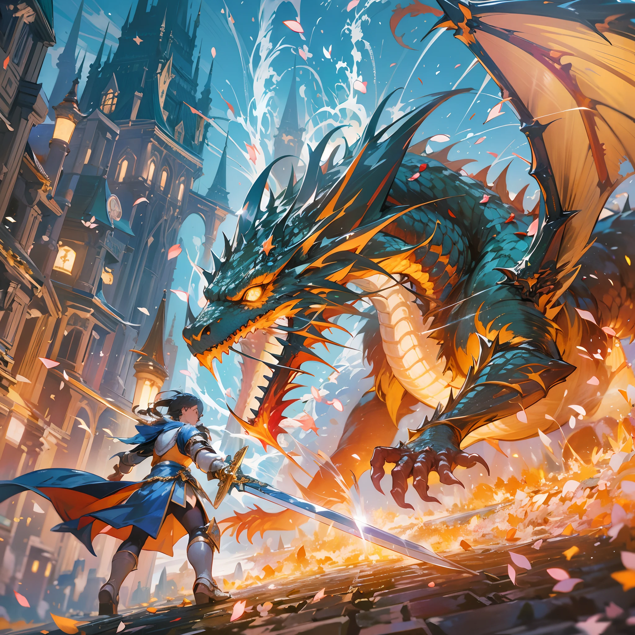 Japanimation, eroge, Incredibly hyper-detailed and intricately realistic, Perfect, Cover art, zoomout, hyper detailed painting, luminism, with an intricate, 4k resolution concept art portrait, extremely high level illustration, 16k, extremely high level illustration, absurd resolution, absurd detailed, soft and warm lighting, (((masterpiece))), best quality, extremely detailed, fantasy lighting, beautiful detailed glow, perspective, depth of field, proportion, blurry background, bokeh, sharp focus, depth and dimension, Fantasy scene, Fantasy composition, Fantasy lighting, an extremely beautiful detailed city, Beautiful, floating hair, light particles, sparkling eyes,  diffraction spikes, cinematic composition, delicate composition, dynamic angle, perfect anatomy, Azure hair, long hair, knight, dragon, A scene of a brave knight confronting a huge dragon. The dragon is breathing fire and the knight is fighting back with his sword and shield, falling petals