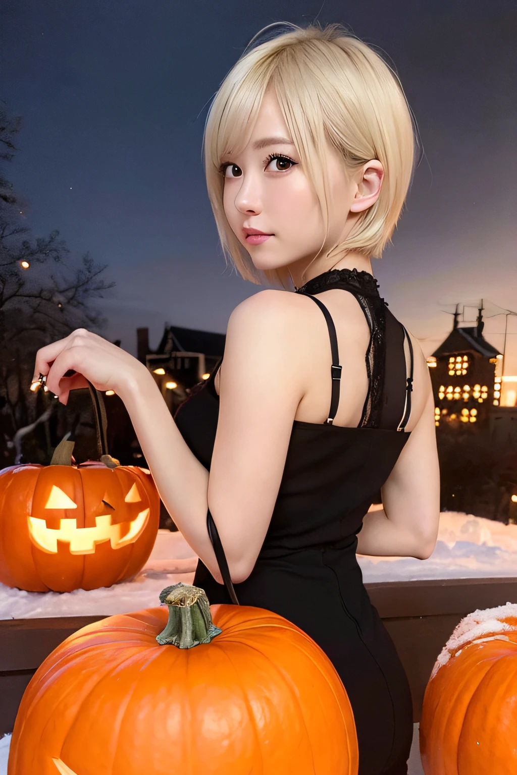 (Oil Painting, masutepiece, Best Quality, ultra-detailliert, Focus on character), short blonde hair, ([Back:0.8]|[ Backward face:1.1]), Serious face, ([Cold Scenario:1.2]|[ snowy background:1.3]| [High contrast:1.1])  ,Halloween,pumpkins,