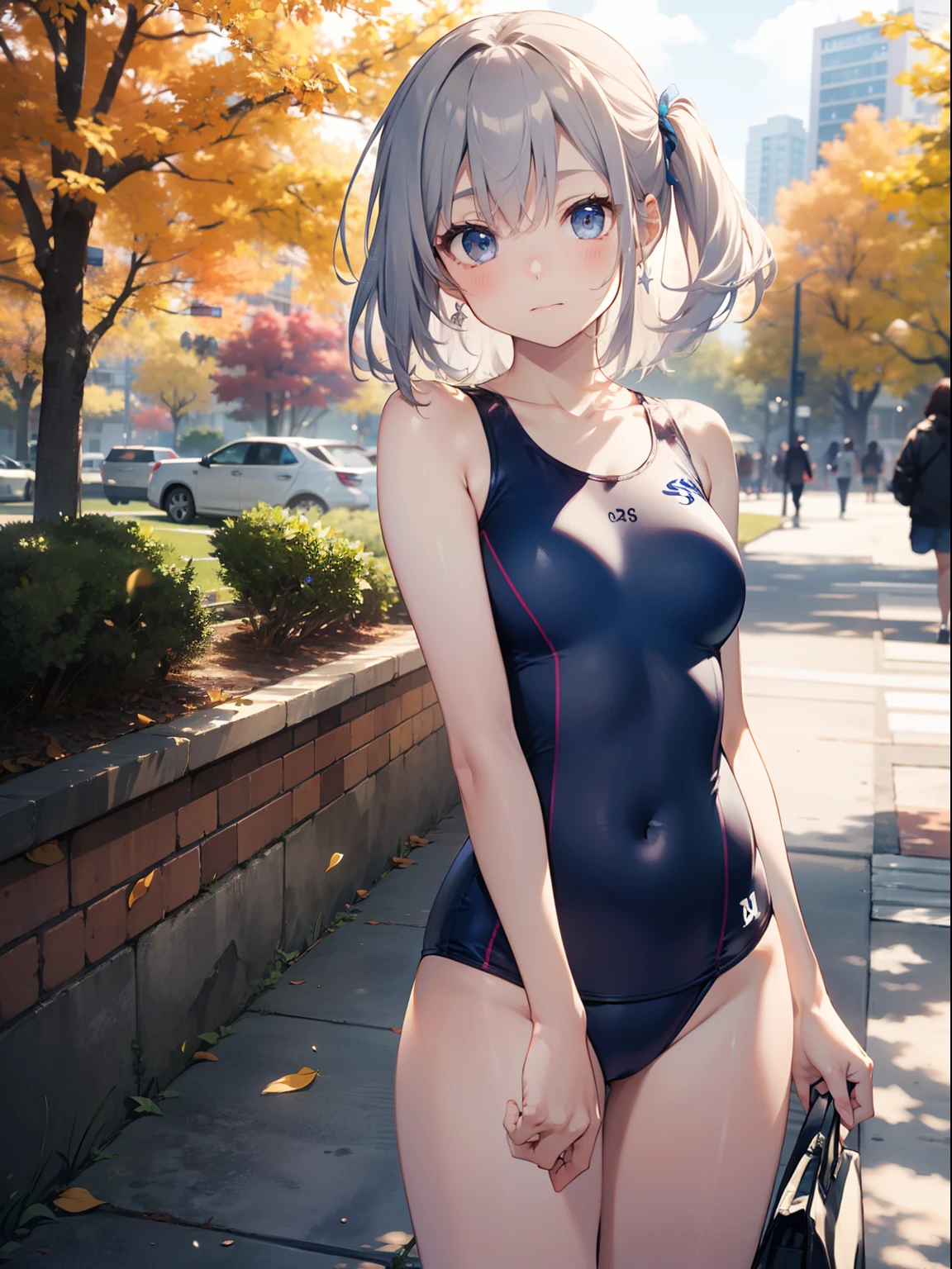 high-level image quality、top-quality、Full limbs、complete fingers、Beautuful Women、1 persons、embarassed expression、pony tail hair、White School Swimsuit、Blue knee high、standingn、Autumn Park