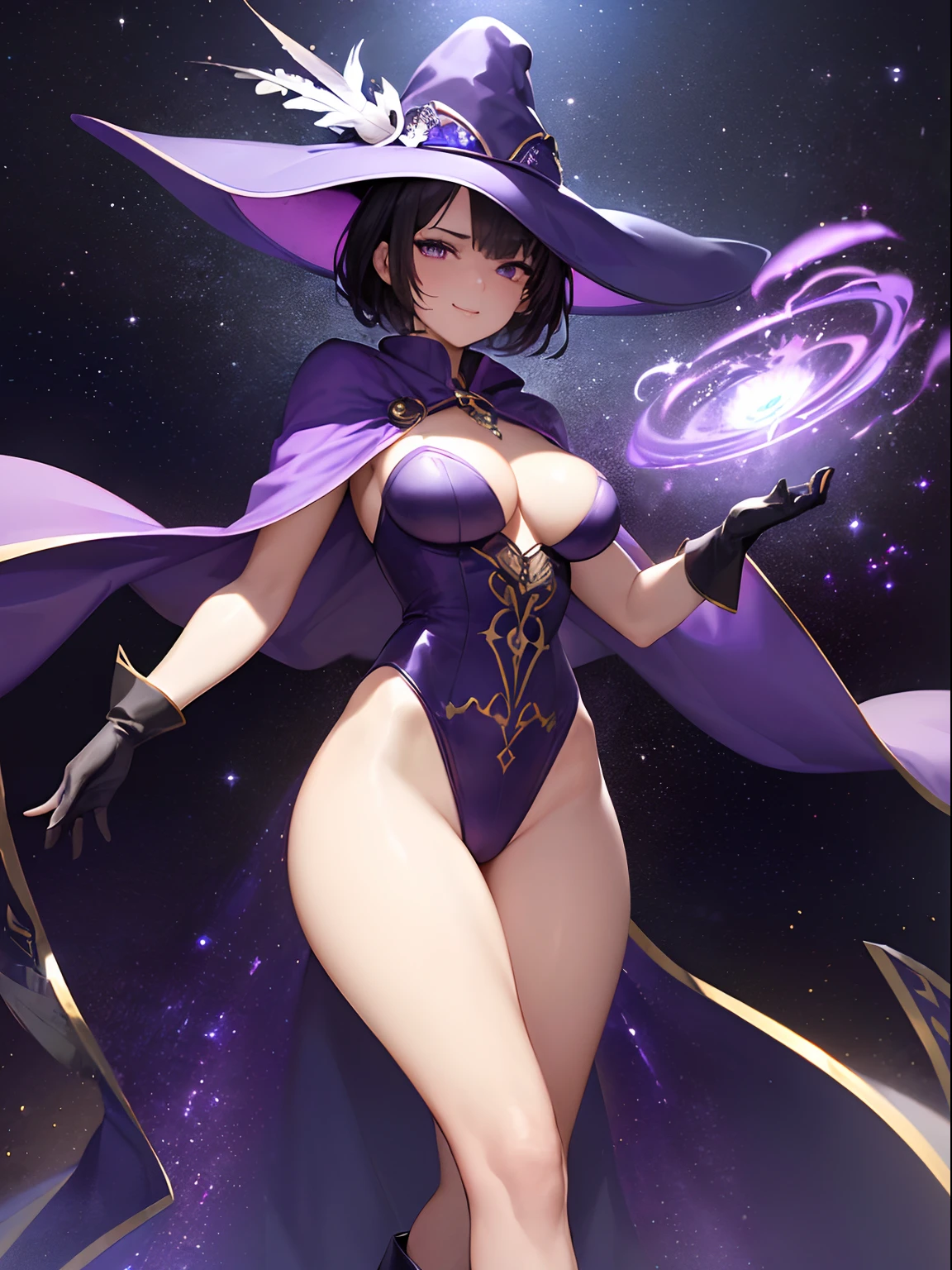 (masterpiece, best quality, high quality, highres:1.4), detailed, extremely detailed, ambient soft lighting, 4K, 1girl, (mature female, milf:1.2), (short hair, black hair, hair over one eye:1.3), (purple eyes, confident smirk:1.2), small breasts, (edgmousquetaire, costume, gloves, cape, boots, pirate, space pirate, matching boots, matching gloves, large hat, purple hat, feather on hat, wearing edgmousquetaire, leotard, purple leotard), hand on hips, confident pose, outer space backdrop, bare legs, (power, aura, purple aura)