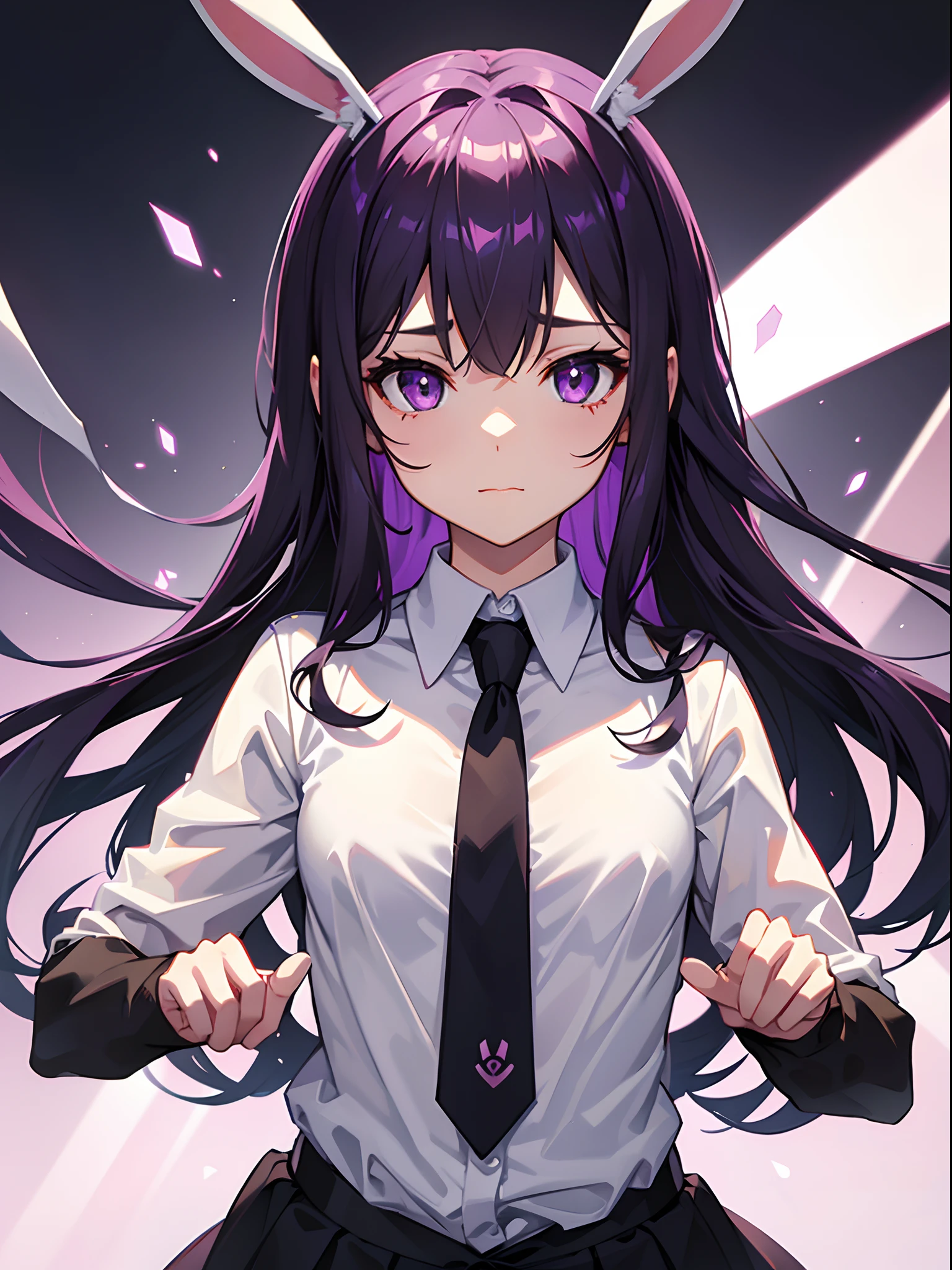 Bunny girl, close up face, shirt, tie, purple eyes, black hairs, ((bunny ears)), ((portrait))