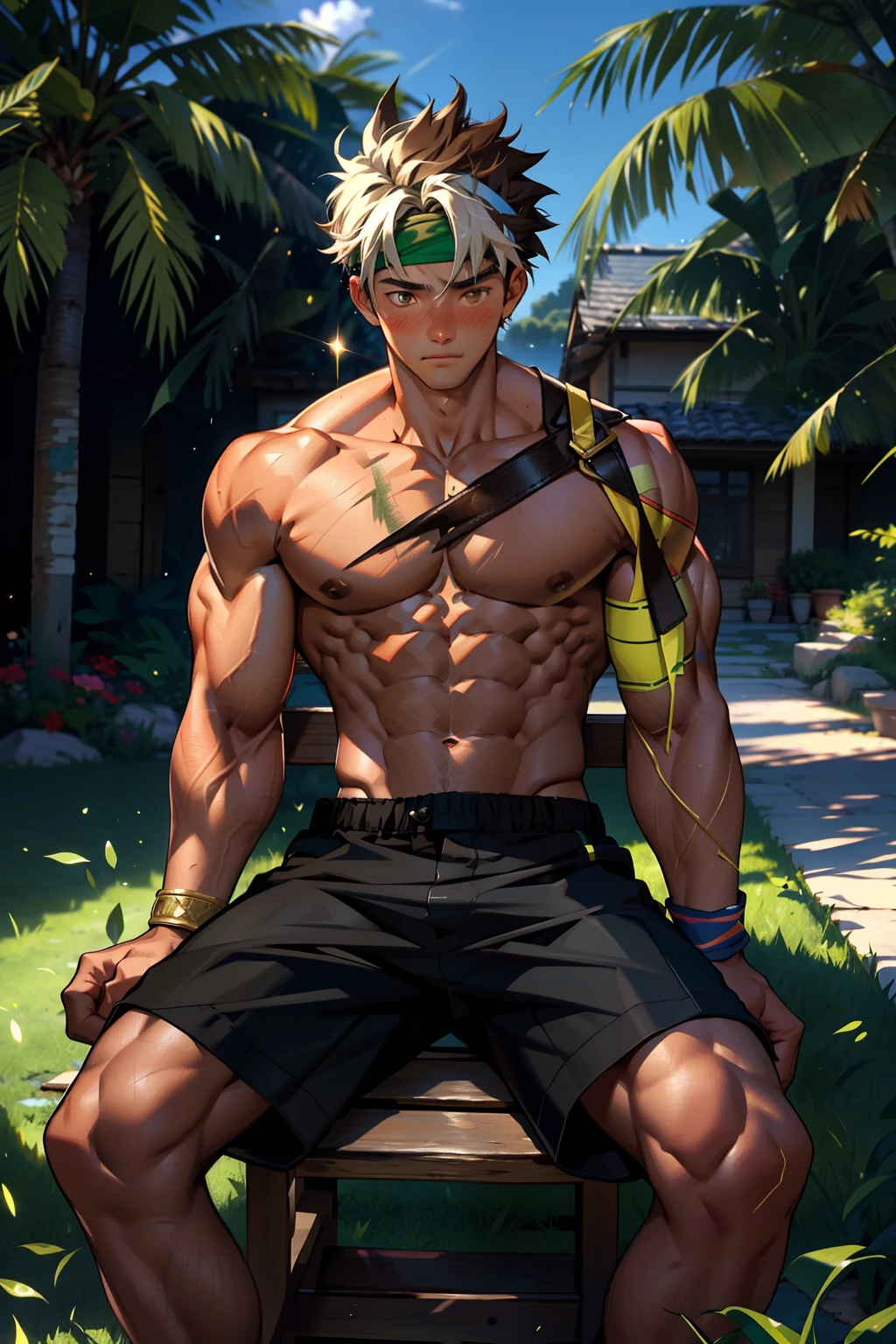 (Masterpiece, Best quality  boy，Shota), 1boys, Young,Muscular, Short hair, with brown eye, Intricate, Grass, full bodyesbian, Shirtless, Muscles sparkle in the sun,Black shorts,  green headband, Vivid colors,(Depth of field:1.2),(Abs),Blush, view the viewer, Sit on grass,