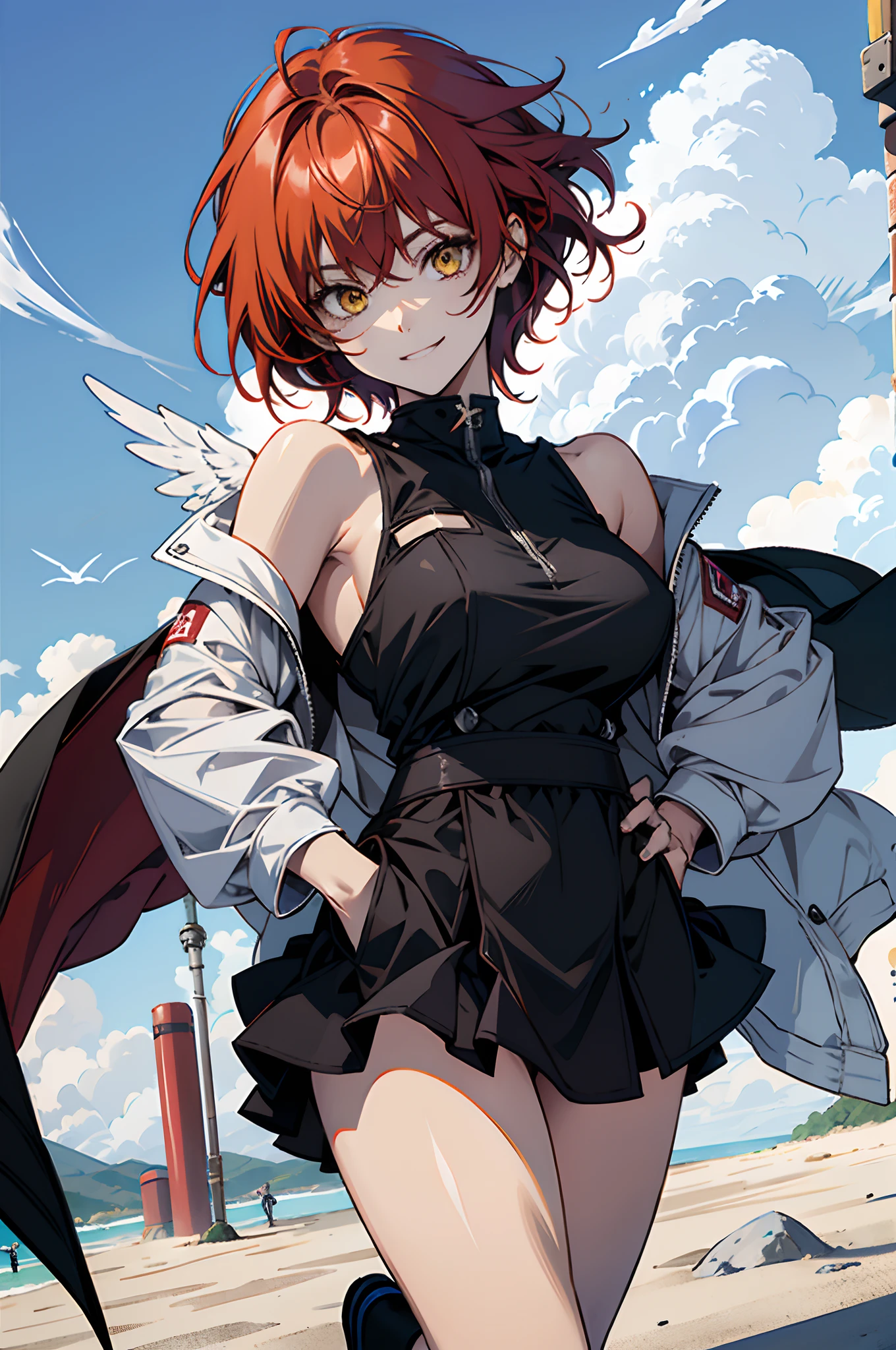 Pure sky,Plump legs,Anime girl standing gracefully on the ground,Black cape and red hair, rogue anime girl, Anime girl standing, Wearing a cloak on the blasted plain, asuka suit under clothes!, angel girl, badass posture, mechanic punk outfit, anime styled 3d, render of a cute 3d anime girl, gapmoe yandere grimdark, Female character,musculature,Abs,glowing bright yellow eyes,Bright red hair,short detailed hair,Dull hair,(Muscle 2.0),Tomboyish,Be red in the face,looking at viewert,Elaborate Eyes,huge tit,1.5,Put your hands in your pockets,ssmile,blacksilk,Straight big breasts,strappy,Black hot miniskirt,White bandeau,Toothless smile,Lower breast,Mechanical wind,There are no cities,Side breasts,Excitation,Top crotch,Sexy lower abdomen,extremely large bosom,High-fork panties,looking at viewert,nabel,chest-hugging,The halo,dynamicposes,Tall anime girl,cropped shoulders,Clean and pure sky,Place the index finger of your right hand in front of your mouth,over knee socks,Half-off white cloak,Ark of Tomorrow,Can angel,having fun
