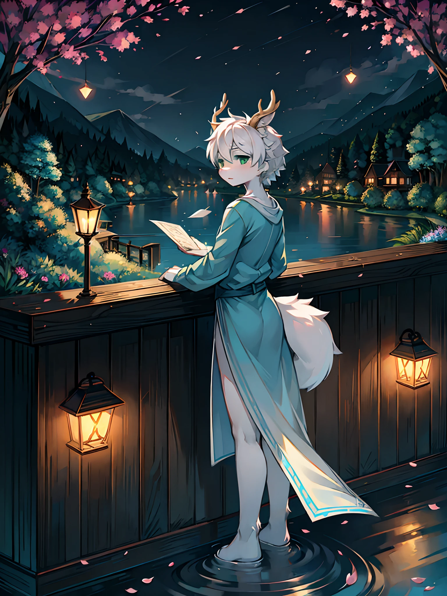A white deer,long blue robes,Green eyes,deer antlers,River side,falling flower petals,It rained heavily,The tree,White petals,Lake Pavilion,Holding an umbrella,dark cloude,A sad look,veils,rainwater,Blue umbrella,White pear blossom tree,downpours,rain,Paper lanterns floating on the surface of the river,River lamps,Ripples on the river,out a hand