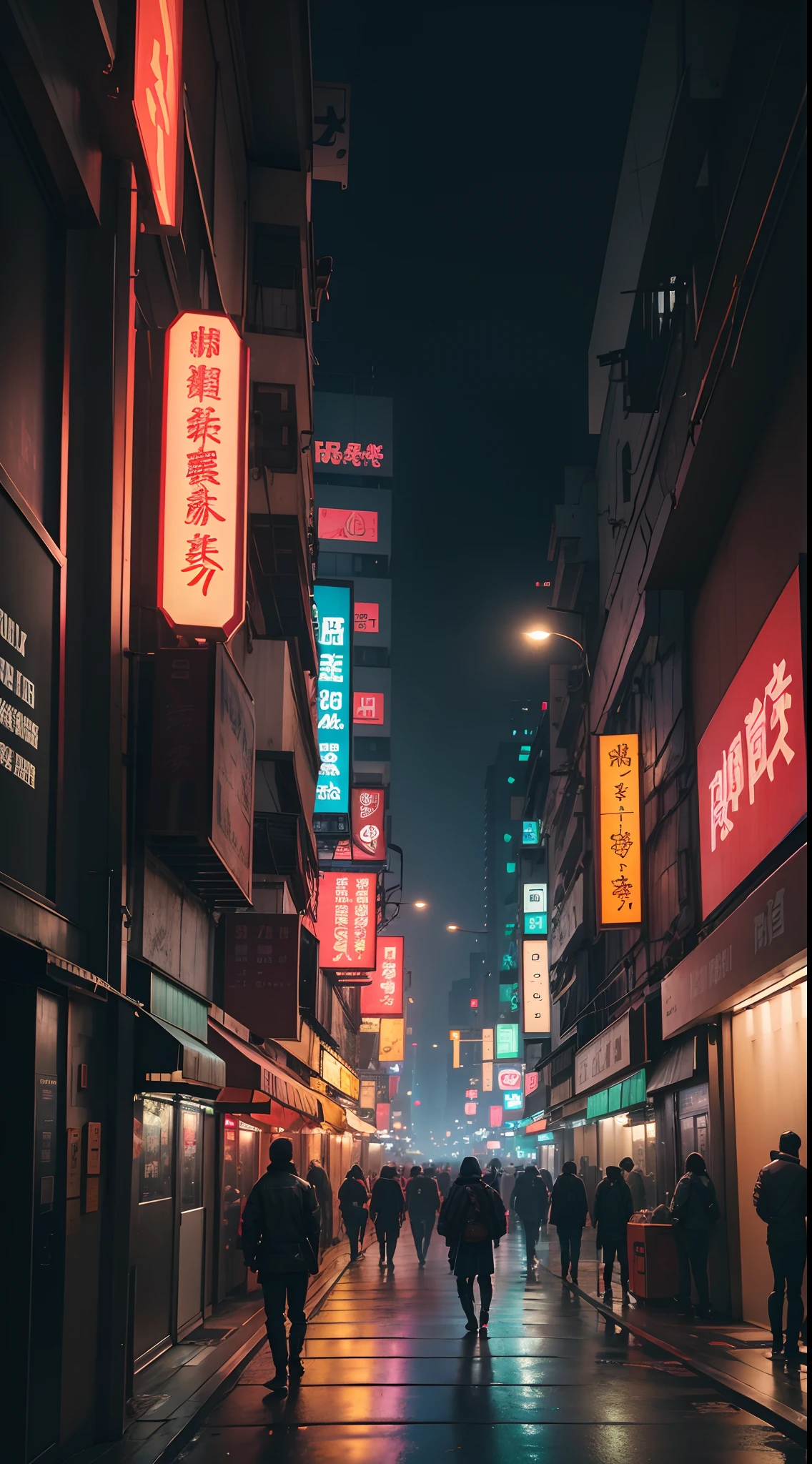 "Streets of Hong Kong, dystopian, (bldrnrst:1.1), RAW, cinematic, masterpiece, cinematic lighting, (setting), photorealistic (blend[technologically advanced|decaying]Cyberpunk city), (cityscape:1.2), intricate, evokes feelings of despair, RTX, Cyberpunk art from a, (KODAK VISION3 500T color negative 35mm films), film scanning, (film grains), 8k."