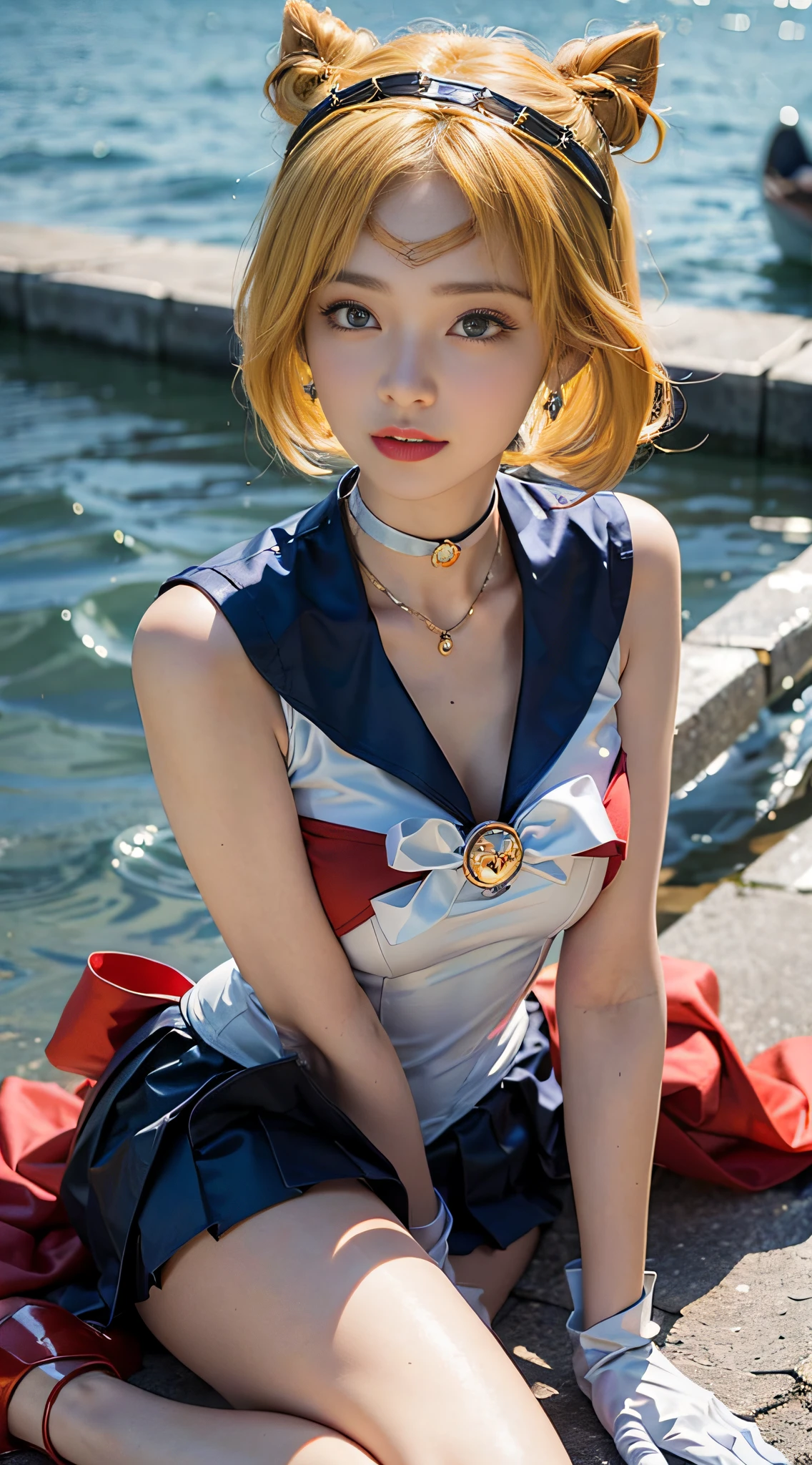((masterpiece:1.4)、(top-quality:1.4)、(reallistic:1.7))、masuter piece:1.4、a beauty girl、(Sailor Moon:1.4)、Tsukino Usagi、Body Fit Sexy Sailor Senshi Uniform、(latex shiny)、(The jacket is a white sleeveless sailor suit)、(Skirt is blue sexy ultra ultra mini skirt)、The collar of the sailor suit is blue with two thin lines.、high leg swimsuit、Red cloth ornament at chest、(Wearing white gloves)、Kawaii Girl、Super beauty、foco nítido、Portrait photos、Upper body photography:1.4、beautiful countenance、beautidful eyes、Narrow waist、(Yellow hair:1.4)、(length hair:1.2)、Raw photo、red-lips、Red high heels:1.4、a choker:1.4、a necklace:1.4、耳Nipple Ring:1.4、Luxurious golden tiara on forehead:1.4、1 screen display、Outdoor landscape