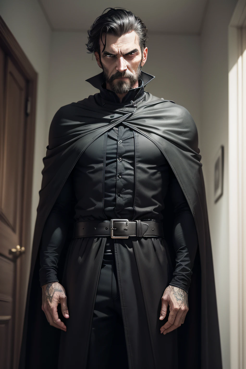 man's face looking at the camera, sinister and gloomy man wearing a black cape