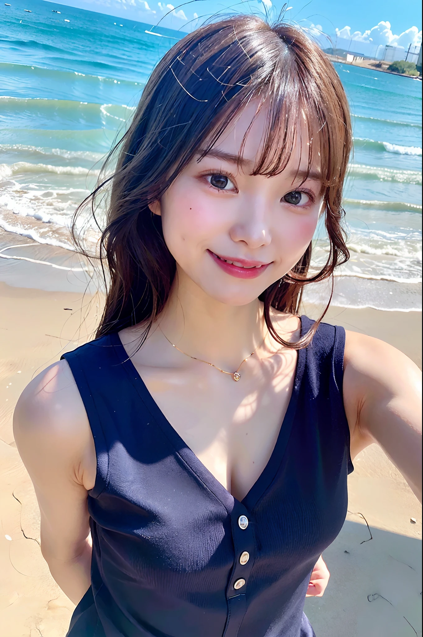 (top-quality、8K、32K、masuter piece、nffsw:1.2)、profile、(slim figure:1.2)、(s lips) 、15yo student、Show your teeth and smile、bob cuts、Colossal tits、二重まぶた、shinny skin、Realistic rays、mare、beauitful face、(A smile:1.3)、crouching down、(From  above:1.2)、(a closeup:1.4)、blurry backround、(Front Focus)、(Dark: 1.6)、Fantasy Art、photoRealstic、Professional Lighting、extra detailed face、Award-winning、deep-shadows、swimming beach