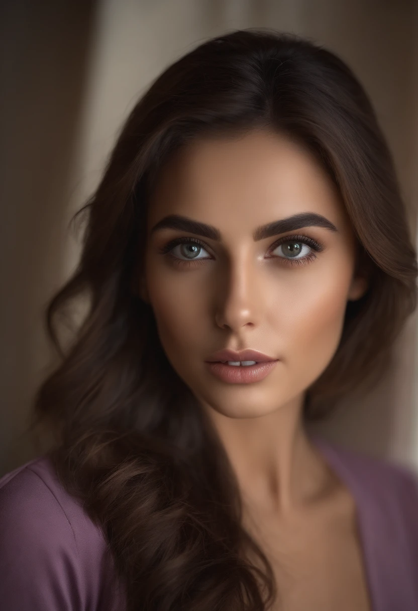 woman fully, sexy girl with brown eyes, ultra realistic, meticulously detailed, portrait Ana del Armas, brown hair and large eyes, selfie of a young woman, dubai eyes, violet myers, without makeup, natural makeup, not looking directly at the camera, looking out the window, subtle makeup, in bedroom, medium to large size bust