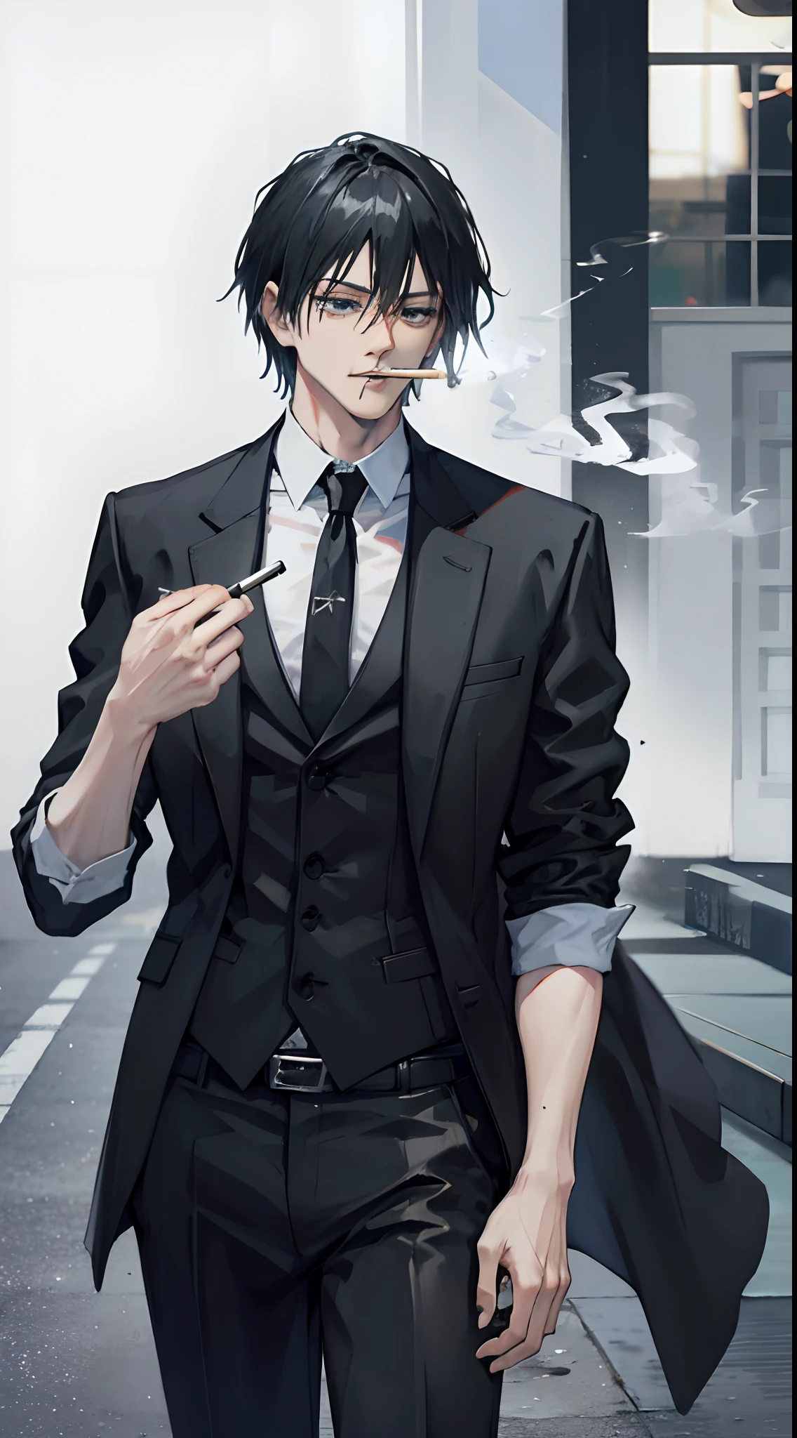 Wearing a black suit with a cigarette.