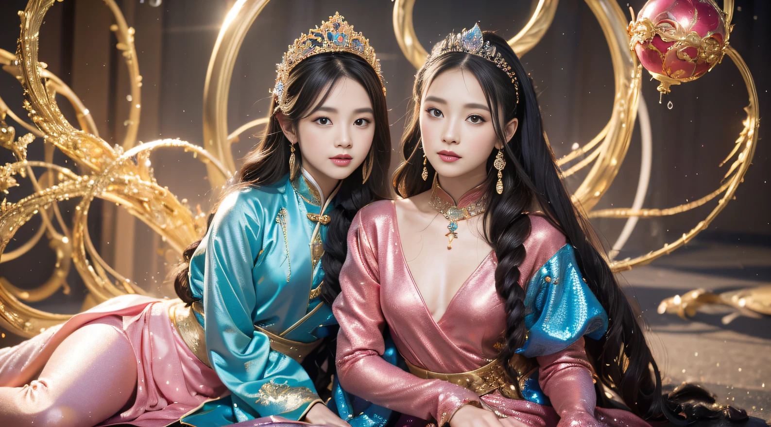 32K(tmasterpiece,k hd,hyper HD,32K)Curly hair with a ball tip,Flowing bubbles,ponds,zydink, a color, Asian people (water sphere), (Colorful bubbles), Combat posture, looking at the ground, Large rolls of rouge bubbles, Flowing rouge curls,Crystal tiara, Chinese long-sleeved black gold garment, Water Goddess(Abstract water splash:1.2), Pink peony flower background,Buble(realisticlying:1.4),Rouge hair,The day is in full swing,The background is pure, A high resolution, the detail, RAW photogr, Sharp Re, Nikon D850 Film Stock Photo by Jefferies Lee 4 Kodak Portra 400 Camera F1.6 shots, Rich colors, ultra-realistic vivid textures, Dramatic lighting, Unreal Engine Art Station Trend, cinestir 800,Large roll bubbles,Flowing bubbles,Colored bubbles that refract light