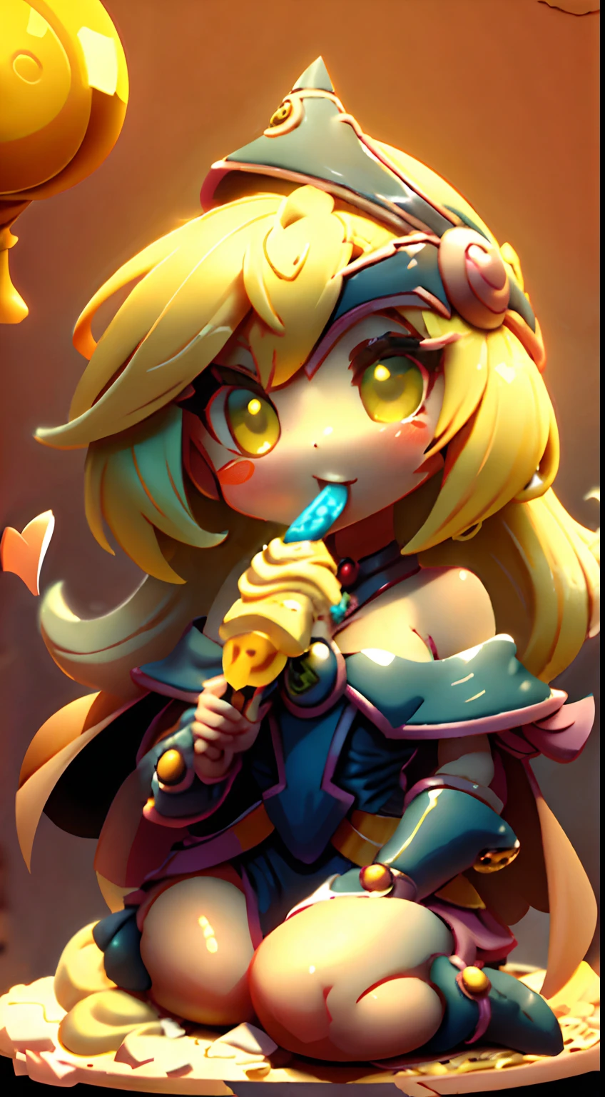 plastican00d， 1niñas dark magician girl， Chibi T-Shi， cabello amarillo， Telas de lujo， Tramado， Textura de helado，Profundo， mira al espectador， fondo rayado. Comiendo un helado. Magical hearts in the background. Dark magician girl chibi