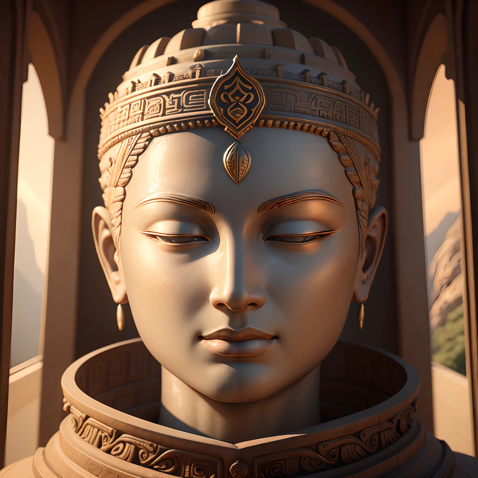 Realistic depiction of Leshan Buddha, Harmonious harmony with nature, Surrealism, ultra-detail, photorealistic portrait:1.37, 3D rendering, Cinematic lighting, Holy Light, ultra-high resolution, masterpiece:1.2, textured skin, bestquality, high-res